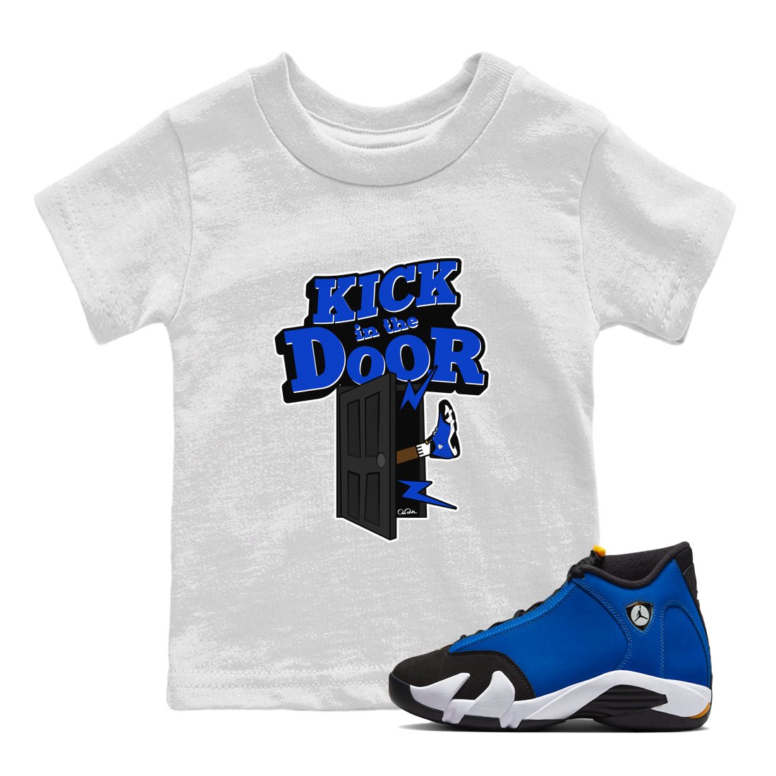 Air Jordan 14 Laney Sneaker Match Tees Kick In The Door Sneaker Tees AJ14 Laney Sneaker Release Tees Kids Shirts White 1
