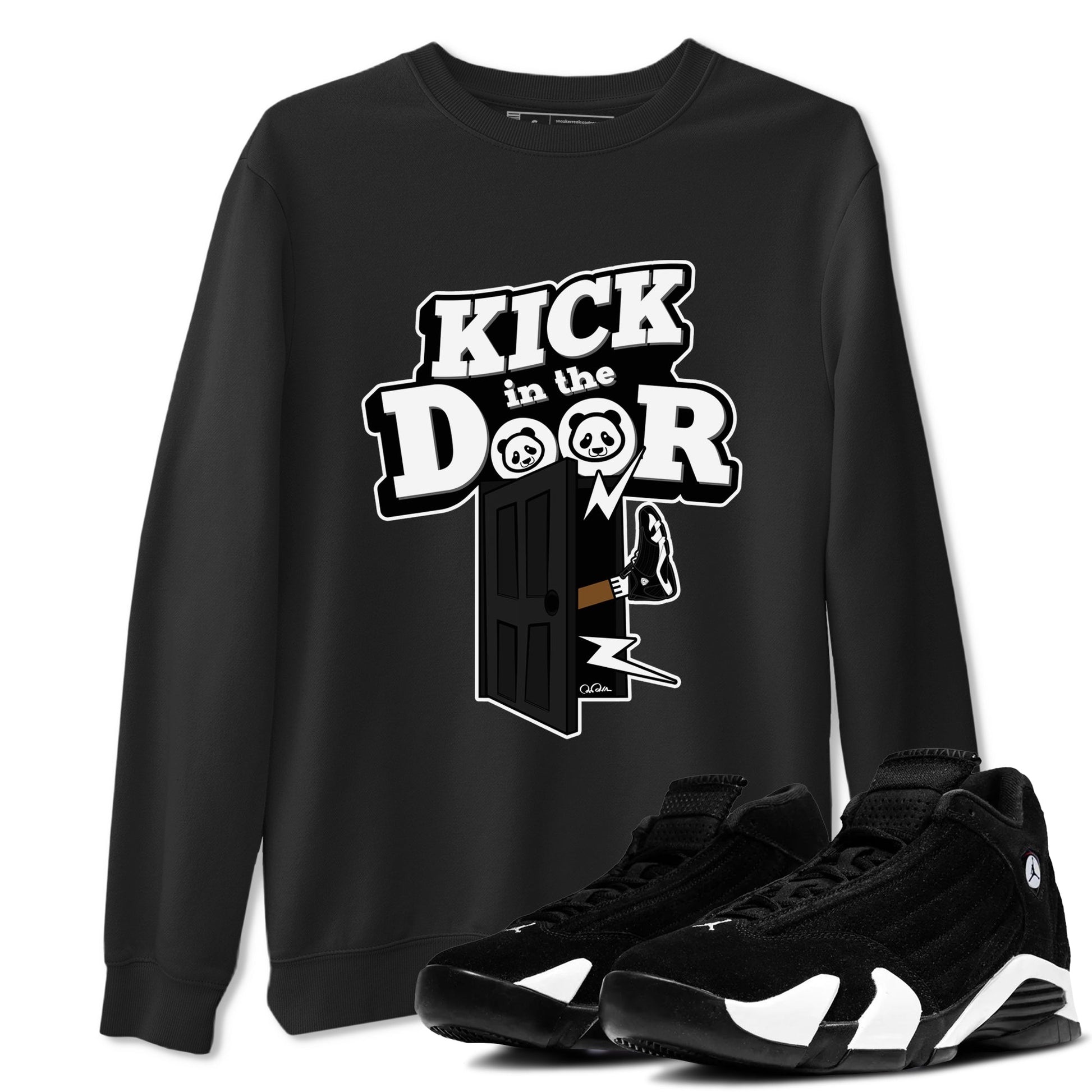 14s Panda shirt to match jordans Kick In The Door sneaker tees Air Jordan 14 Panda SNRT Sneaker Release Tees Unisex Black 1 T-Shirt