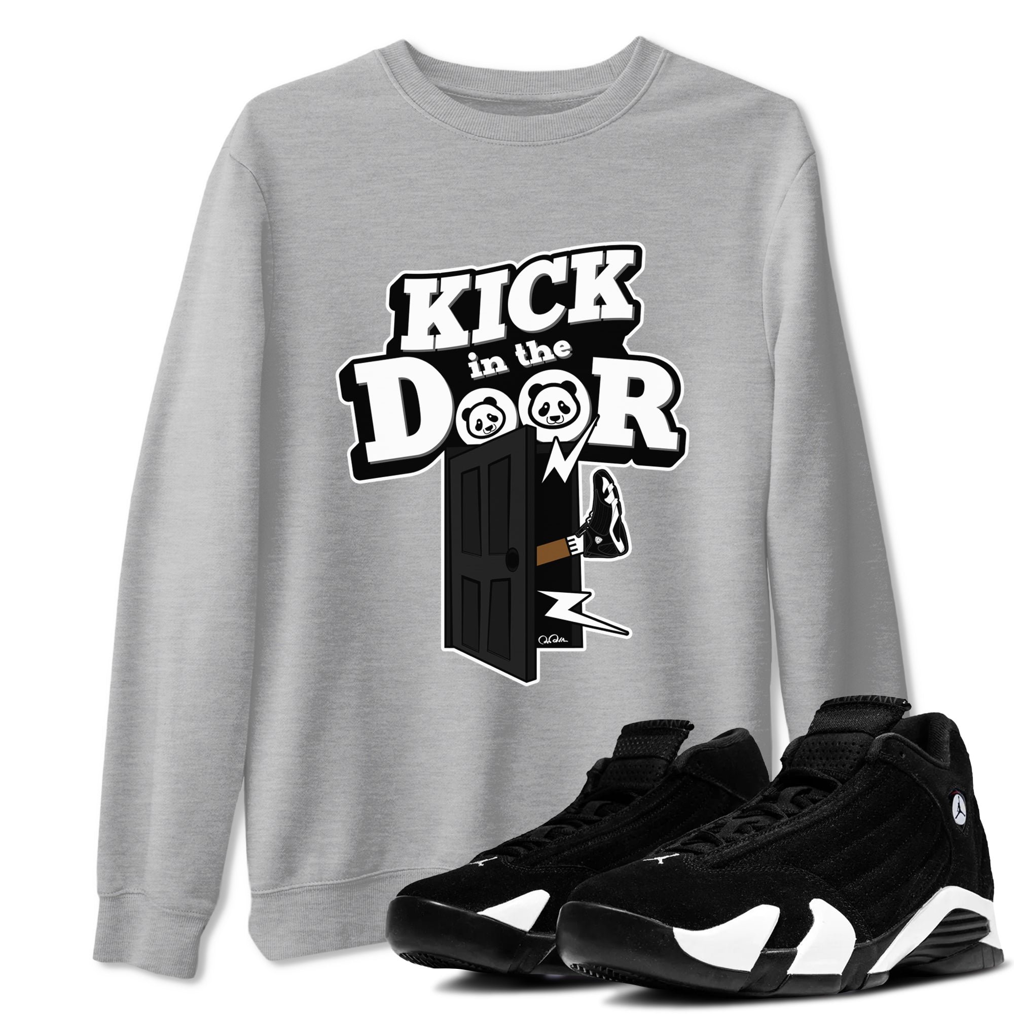 14s Panda shirt to match jordans Kick In The Door sneaker tees Air Jordan 14 Panda SNRT Sneaker Release Tees Unisex Heather Grey 1 T-Shirt