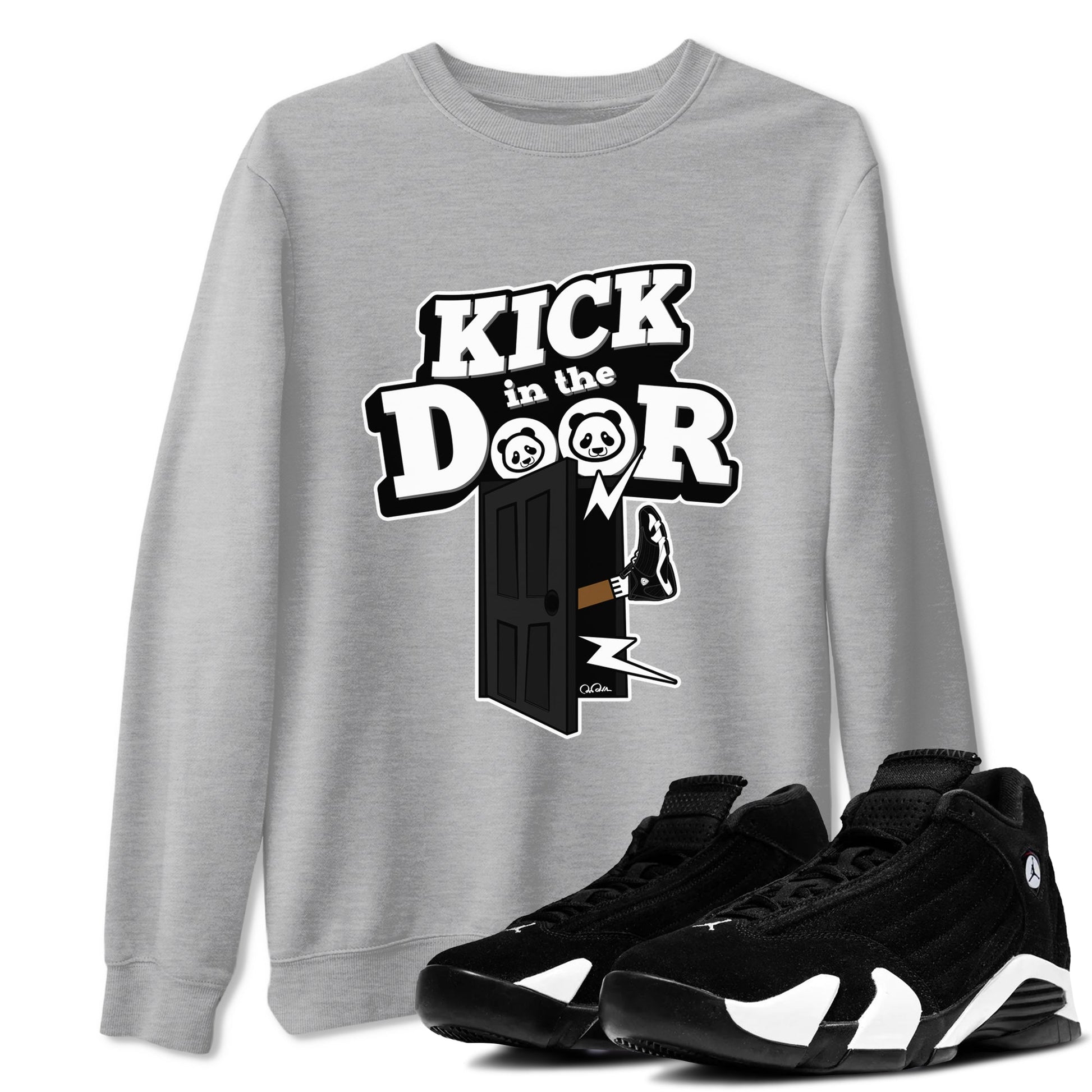 14s Panda shirt to match jordans Kick In The Door sneaker tees Air Jordan 14 Panda SNRT Sneaker Release Tees Unisex Heather Grey 1 T-Shirt