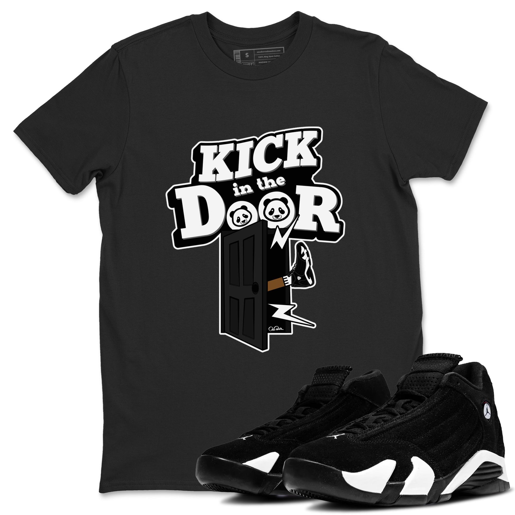 14s Panda shirt to match jordans Kick In The Door sneaker tees Air Jordan 14 Panda SNRT Sneaker Release Tees Unisex Black 1 T-Shirt