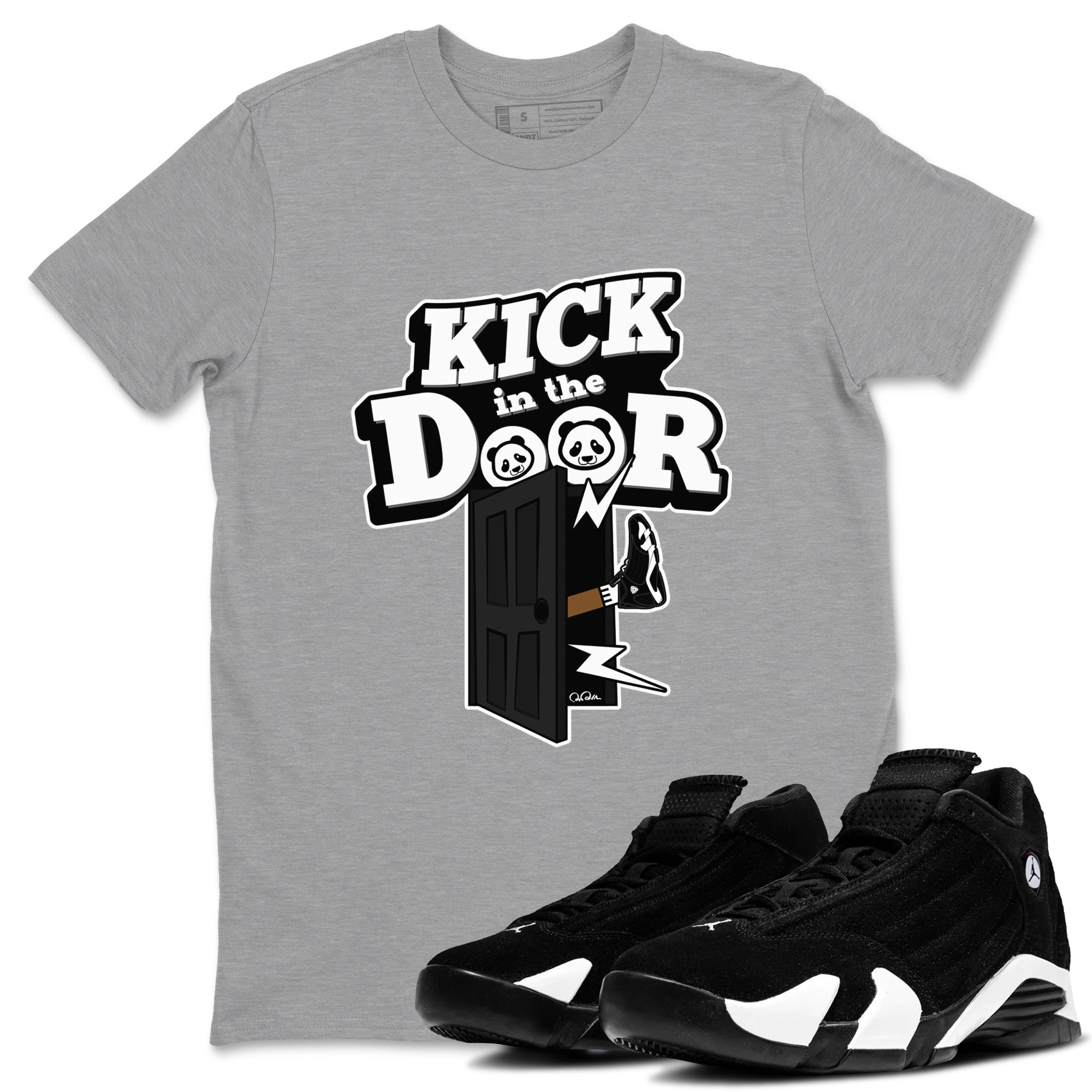 14s Panda shirt to match jordans Kick In The Door sneaker tees Air Jordan 14 Panda SNRT Sneaker Release Tees Unisex Heather Grey 1 T-Shirt
