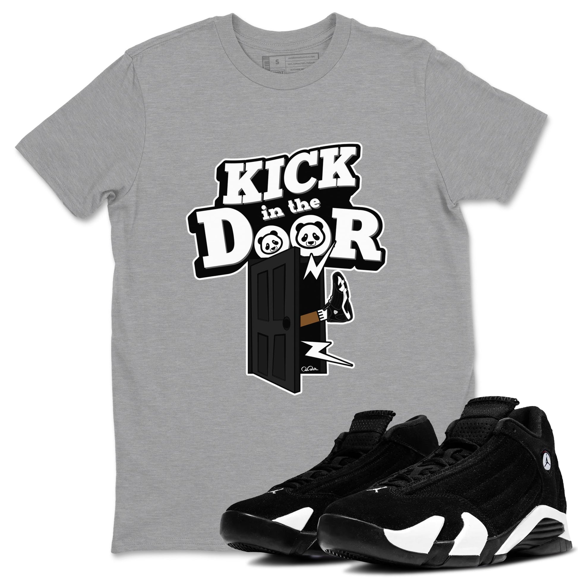 14s Panda shirt to match jordans Kick In The Door sneaker tees Air Jordan 14 Panda SNRT Sneaker Release Tees Unisex Heather Grey 1 T-Shirt