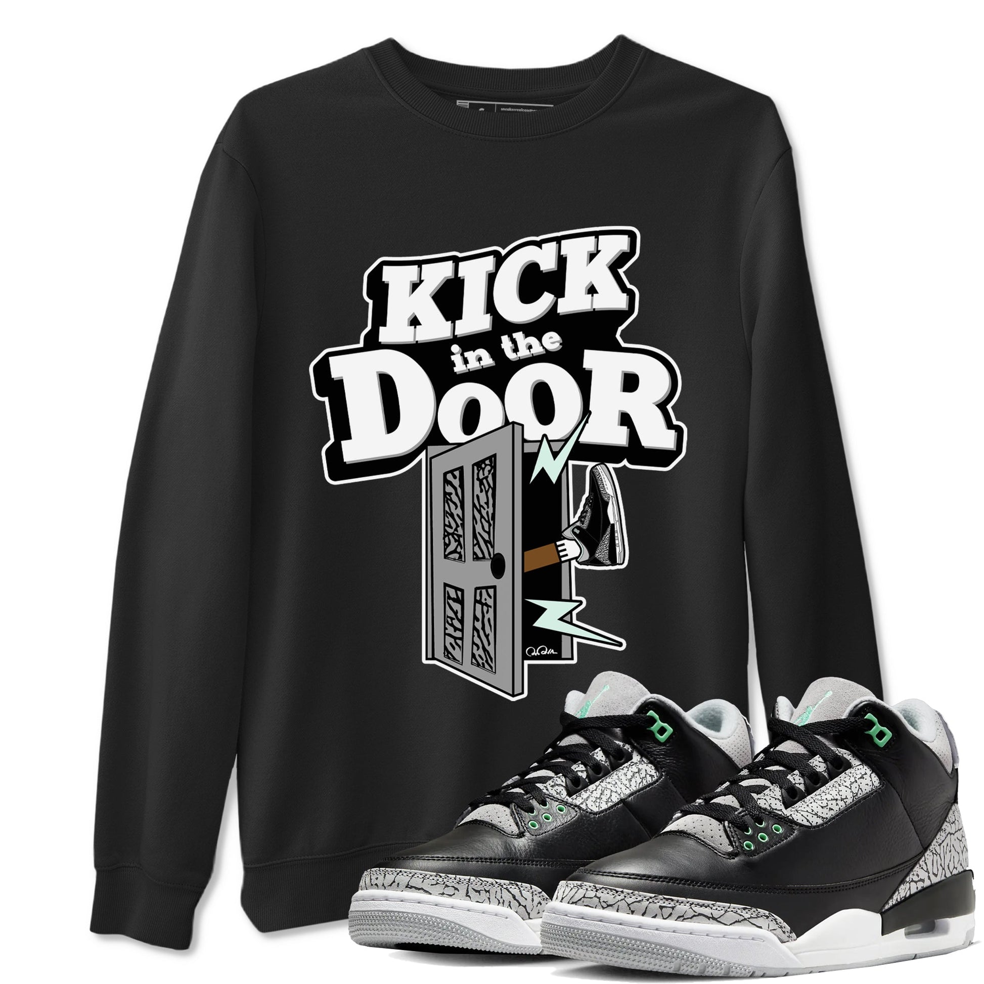 3s Green Glow shirt to match jordans Kick In The Door sneaker tees Air Jordan 3 Green Glow SNRT Sneaker Release Tees unisex cotton Black 1 crew neck shirt