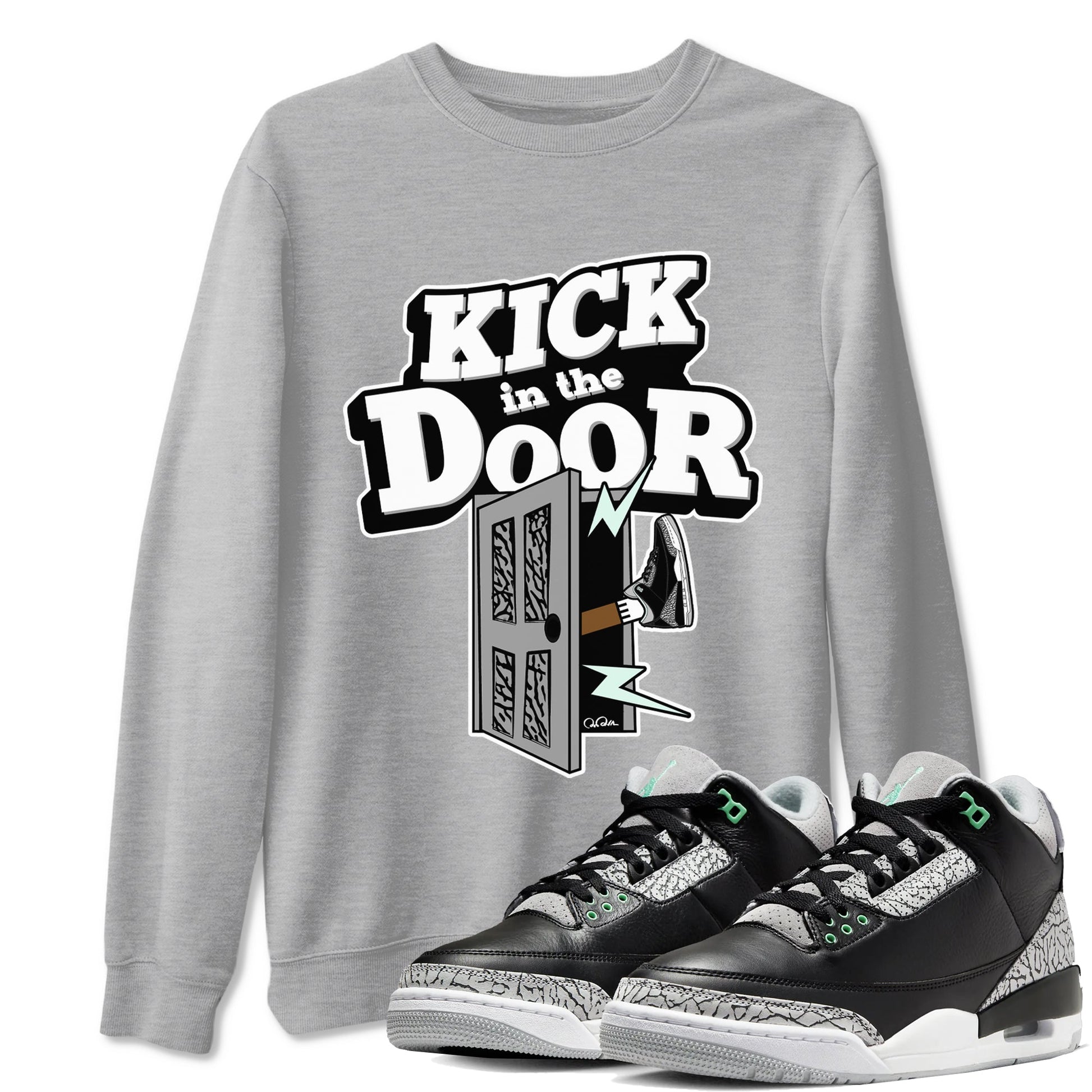 3s Green Glow shirt to match jordans Kick In The Door sneaker tees Air Jordan 3 Green Glow SNRT Sneaker Release Tees unisex cotton Heather Grey 1 crew neck shirt