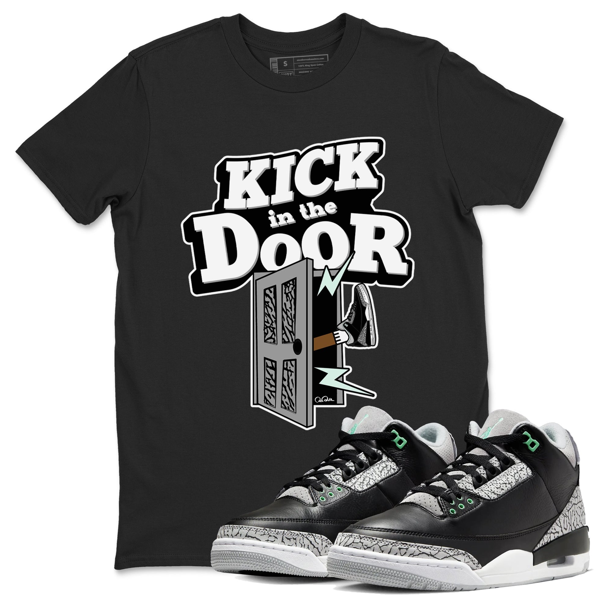 3s Green Glow shirt to match jordans Kick In The Door sneaker tees Air Jordan 3 Green Glow SNRT Sneaker Release Tees unisex cotton Black 1 crew neck shirt