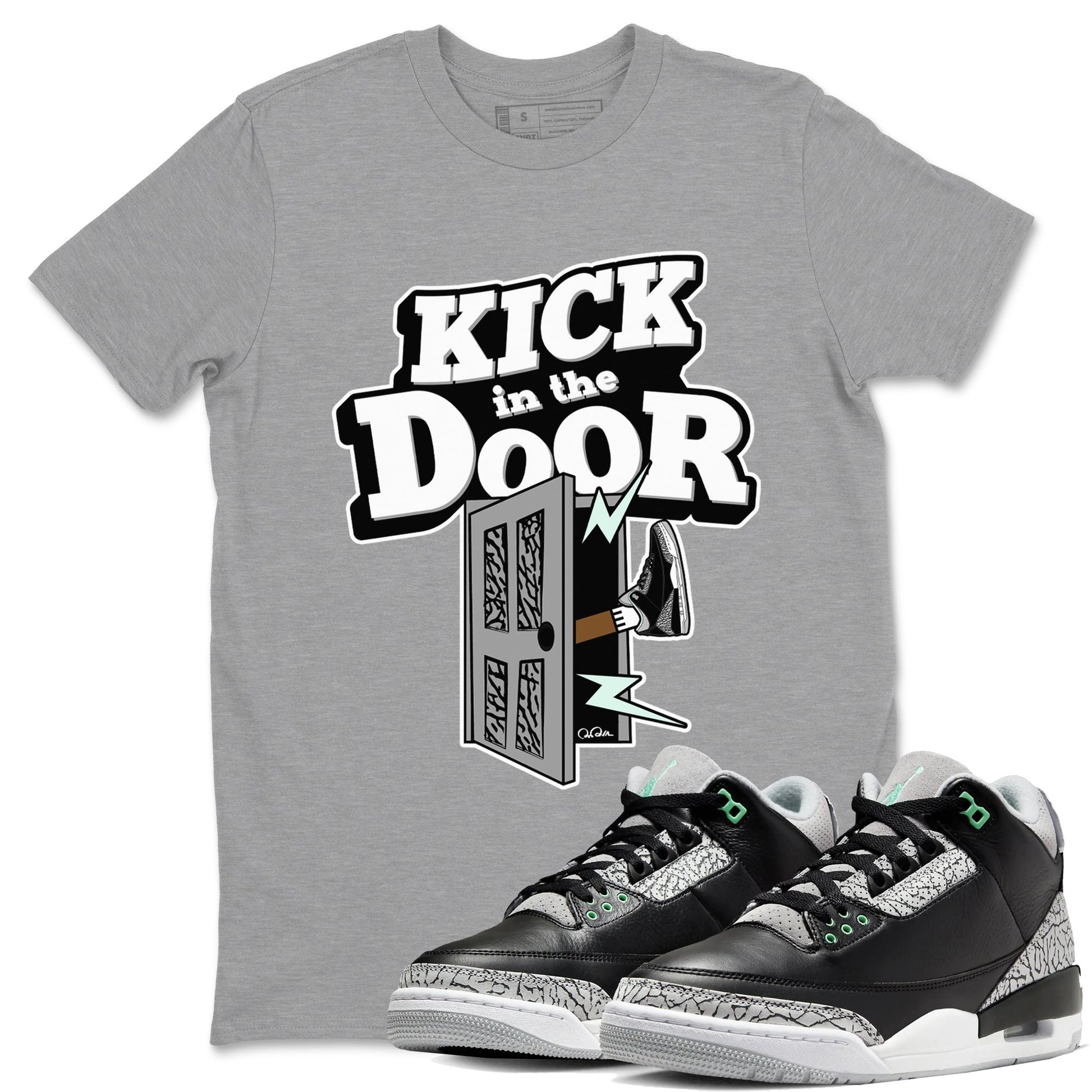 3s Green Glow shirt to match jordans Kick In The Door sneaker tees Air Jordan 3 Green Glow SNRT Sneaker Release Tees unisex cotton Heather Grey 1 crew neck shirt