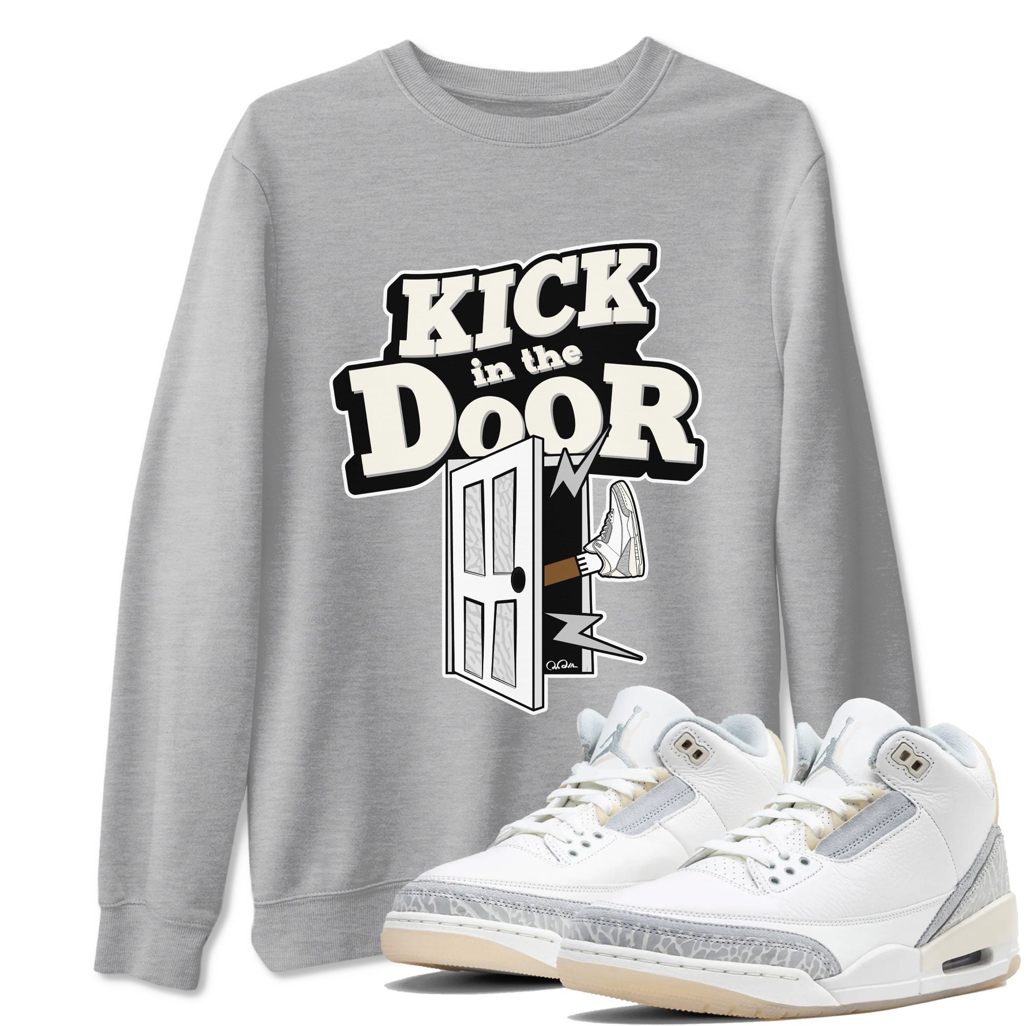 3s Ivory shirt to match jordans Kick In The Door sneaker tees Air Jordan 3 Ivory SNRT Sneaker Release Tees unisex cotton Heather Grey 1 crew neck shirt