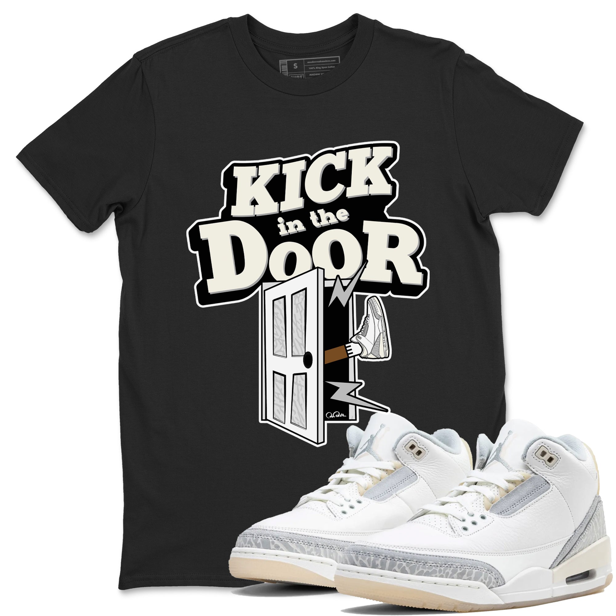 3s Ivory shirt to match jordans Kick In The Door sneaker tees Air Jordan 3 Ivory SNRT Sneaker Release Tees unisex cotton Black 1 crew neck shirt
