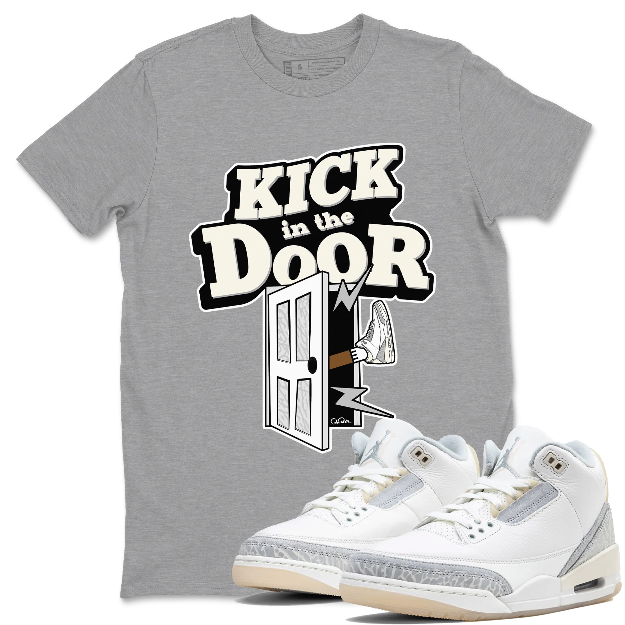 3s Ivory shirt to match jordans Kick In The Door sneaker tees Air Jordan 3 Ivory SNRT Sneaker Release Tees unisex cotton Heather Grey 1 crew neck shirt