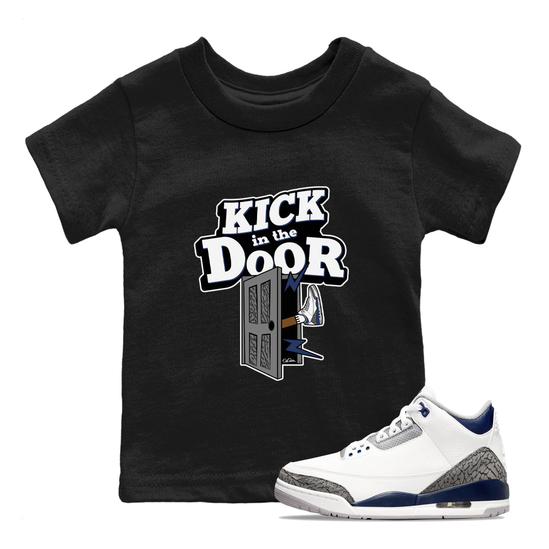 3s Midnight Navy shirt to match jordans Kick In The Door sneaker tees AJ3 Midnight Navy SNRT sneaker release tees baby toddler Black 1 cotton Shirt