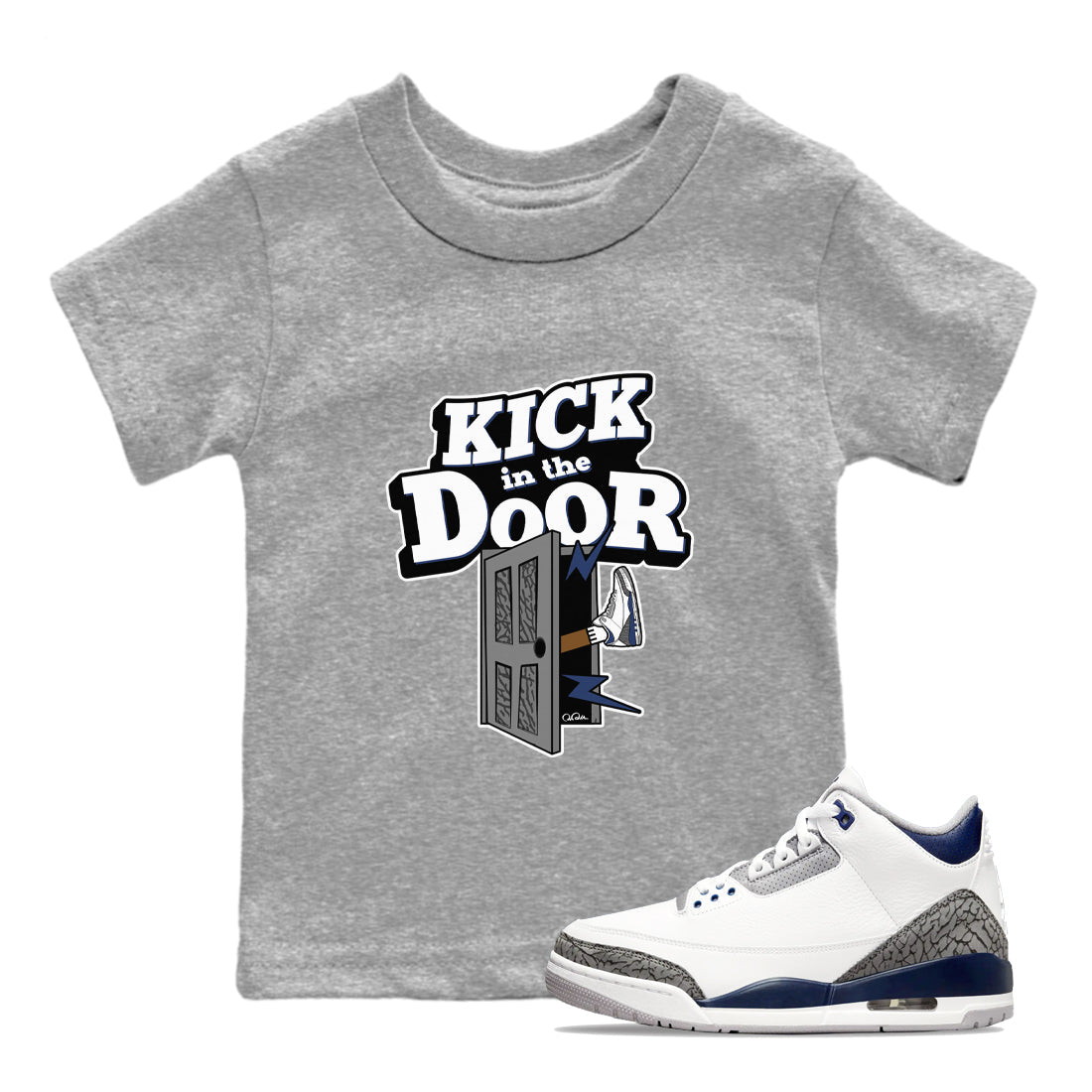 3s Midnight Navy shirt to match jordans Kick In The Door sneaker tees AJ3 Midnight Navy SNRT sneaker release tees baby toddler Heather Grey 1 cotton Shirt