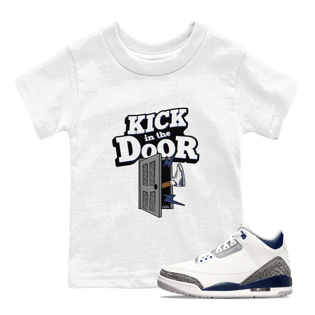 3s Midnight Navy shirt to match jordans Kick In The Door sneaker tees AJ3 Midnight Navy SNRT sneaker release tees baby toddler White 1 cotton Shirt