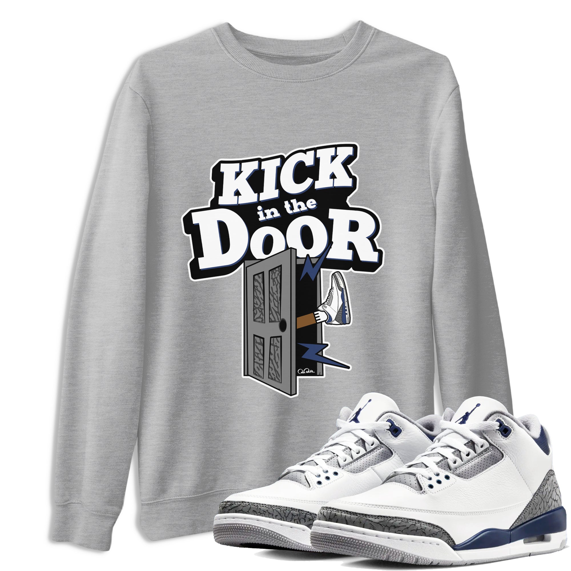 3s Midnight Navy shirt to match jordans Kick In The Door sneaker tees AJ3 Midnight Navy SNRT Sneaker Release Tees unisex cotton Heather Grey 1 crew neck shirt