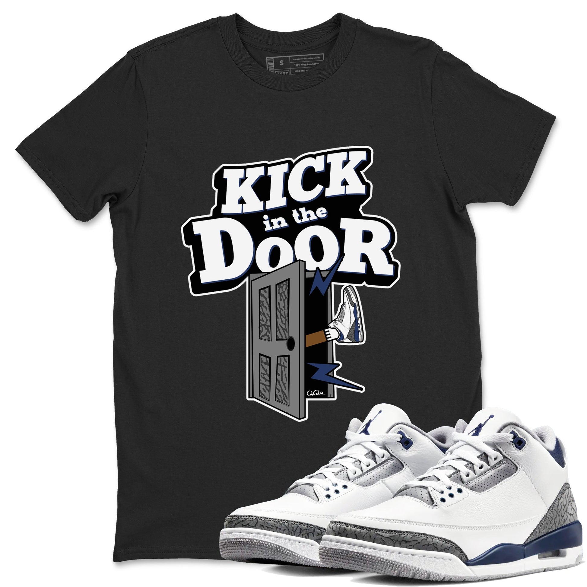 3s Midnight Navy shirt to match jordans Kick In The Door sneaker tees AJ3 Midnight Navy SNRT Sneaker Release Tees unisex cotton Black 1 crew neck shirt