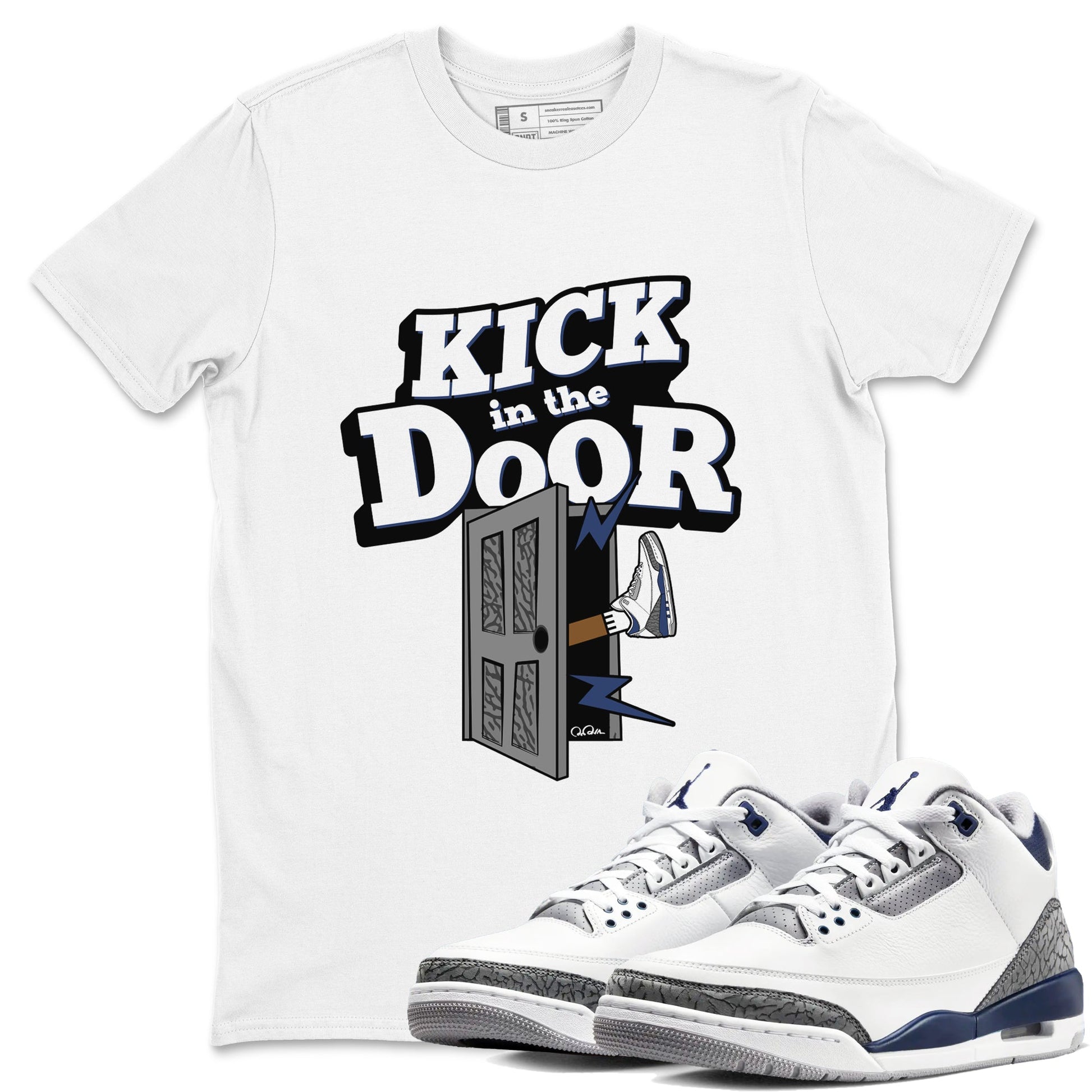 3s Midnight Navy shirt to match jordans Kick In The Door sneaker tees AJ3 Midnight Navy SNRT Sneaker Release Tees unisex cotton White 1 crew neck shirt