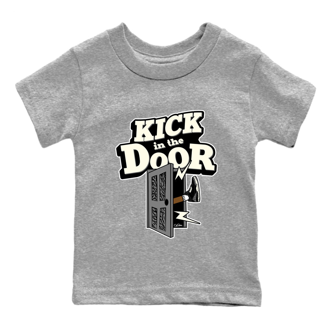 Air Jordan 3 Off Noir shirt to match jordans Kick In The Door sneaker tees AJ3 Off Noir SNRT Sneaker Release Tees Baby Toddler Heather Grey 2 T-Shirt