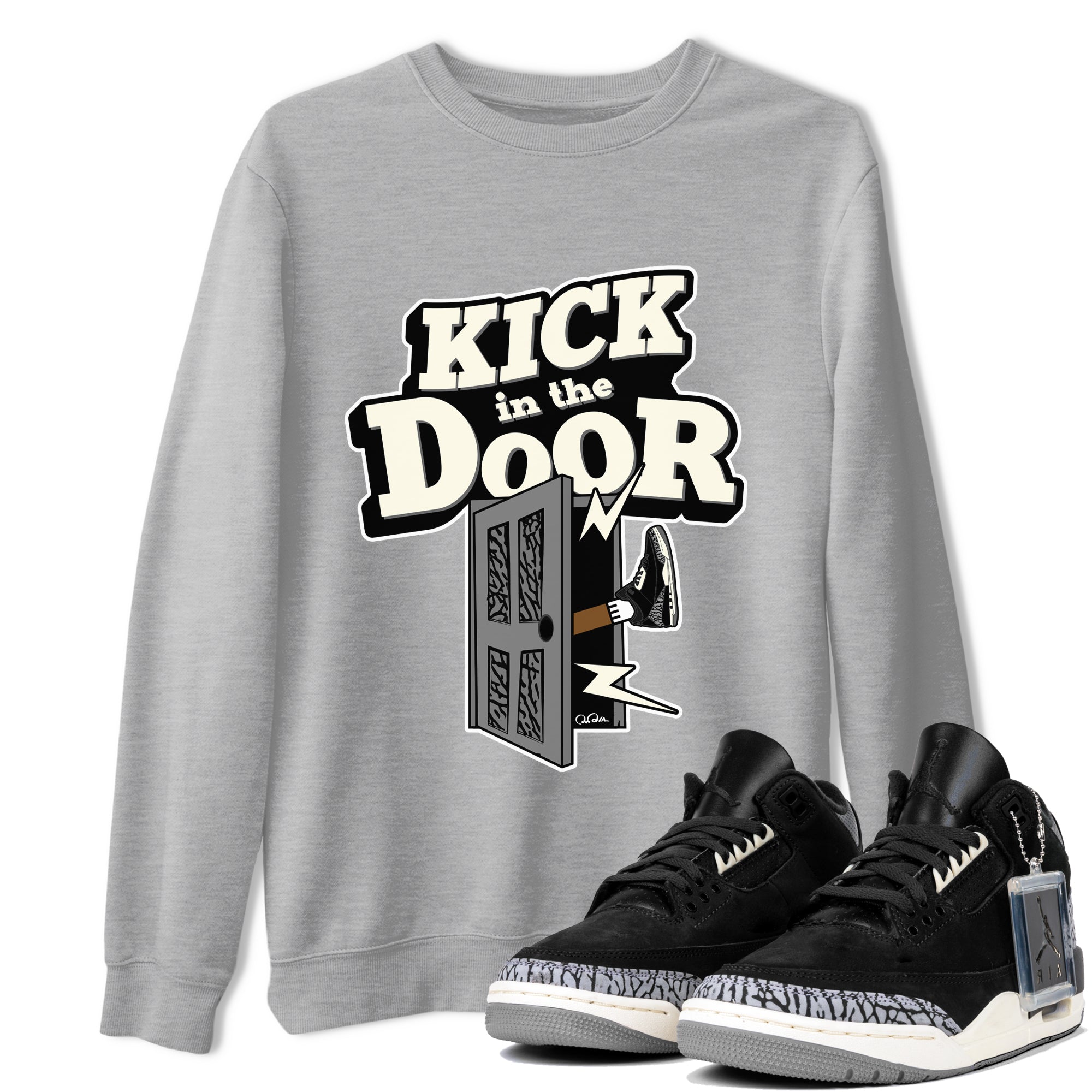 Air Jordan 3 Off Noir shirt to match jordans Kick In The Door sneaker tees AJ3 Off Noir SNRT Sneaker Release Tees Unisex Heather Grey 1 T-Shirt