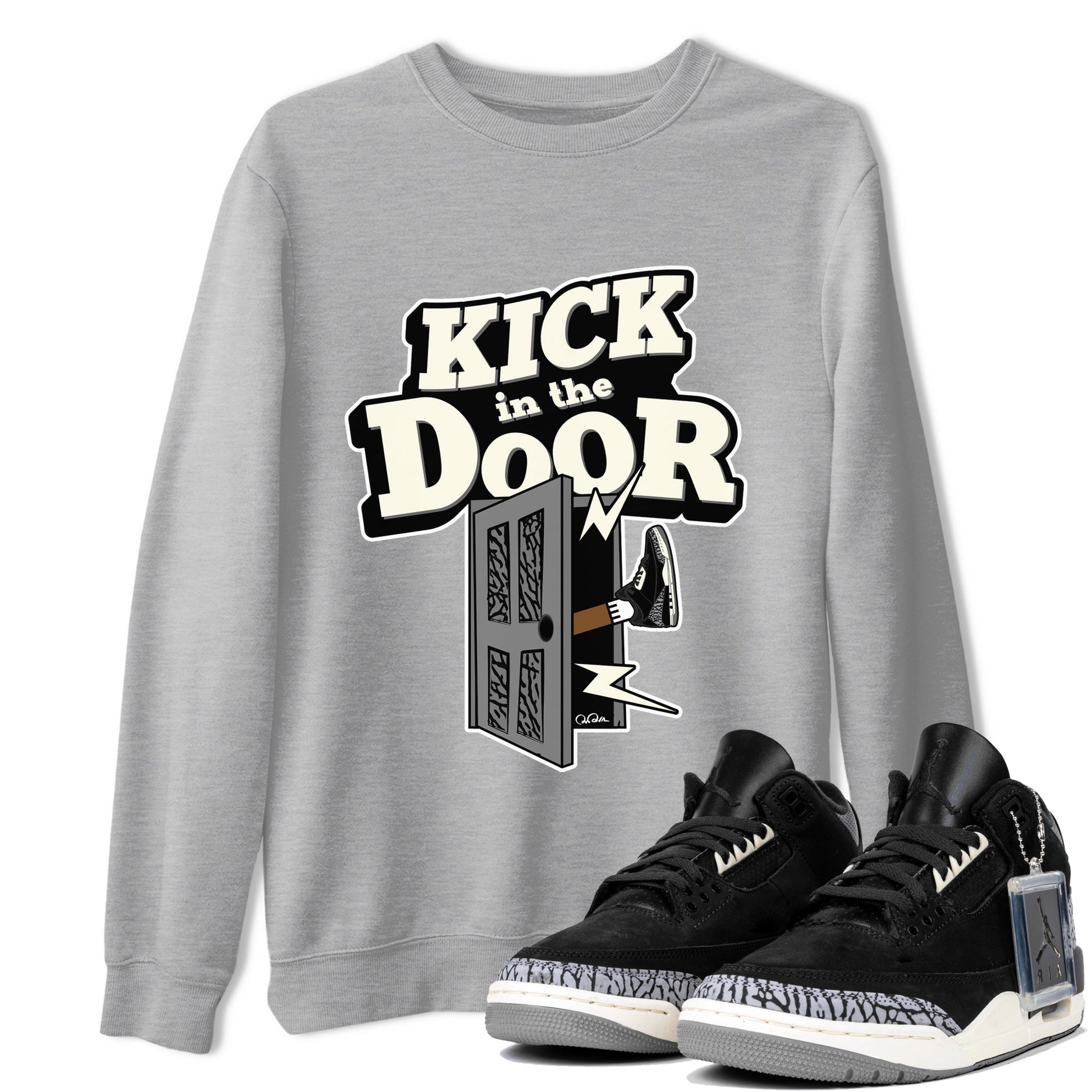 Air Jordan 3 Off Noir shirt to match jordans Kick In The Door sneaker tees AJ3 Off Noir SNRT Sneaker Release Tees Unisex Heather Grey 1 T-Shirt