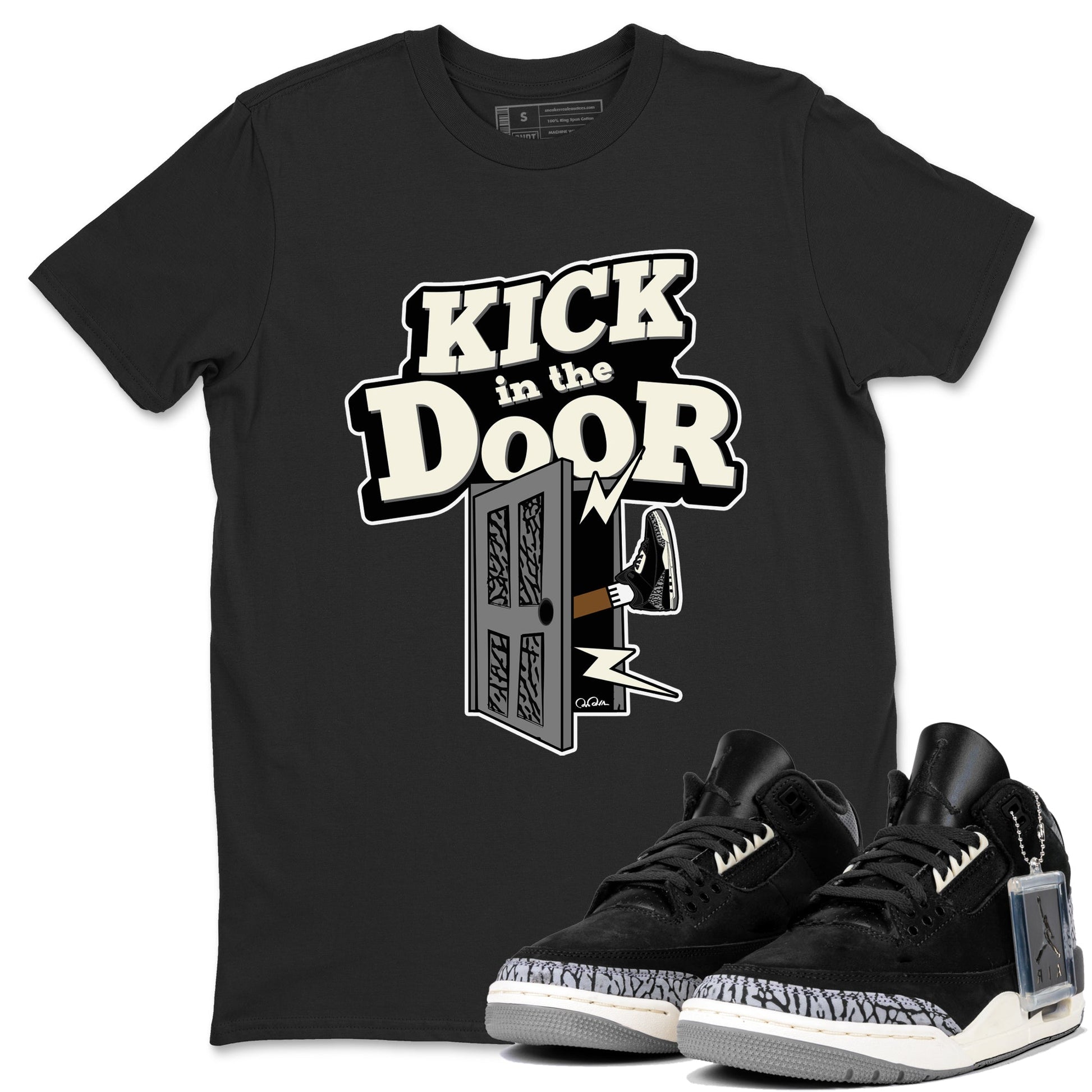Air Jordan 3 Off Noir shirt to match jordans Kick In The Door sneaker tees AJ3 Off Noir SNRT Sneaker Release Tees Unisex Black 1 T-Shirt