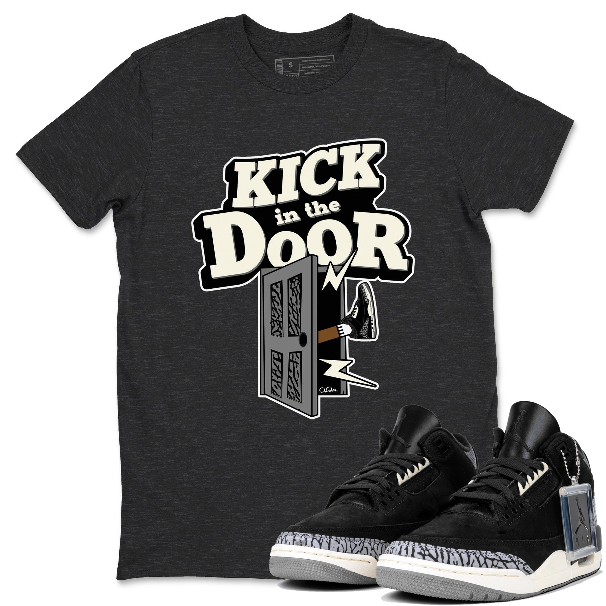 Air Jordan 3 Off Noir shirt to match jordans Kick In The Door sneaker tees AJ3 Off Noir SNRT Sneaker Release Tees Unisex Charcoal Heather 1 T-Shirt