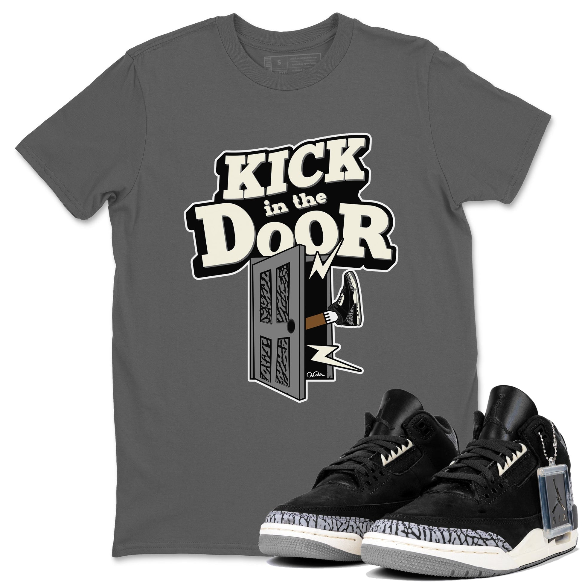 Air Jordan 3 Off Noir shirt to match jordans Kick In The Door sneaker tees AJ3 Off Noir SNRT Sneaker Release Tees Unisex Cool Grey 1 T-Shirt