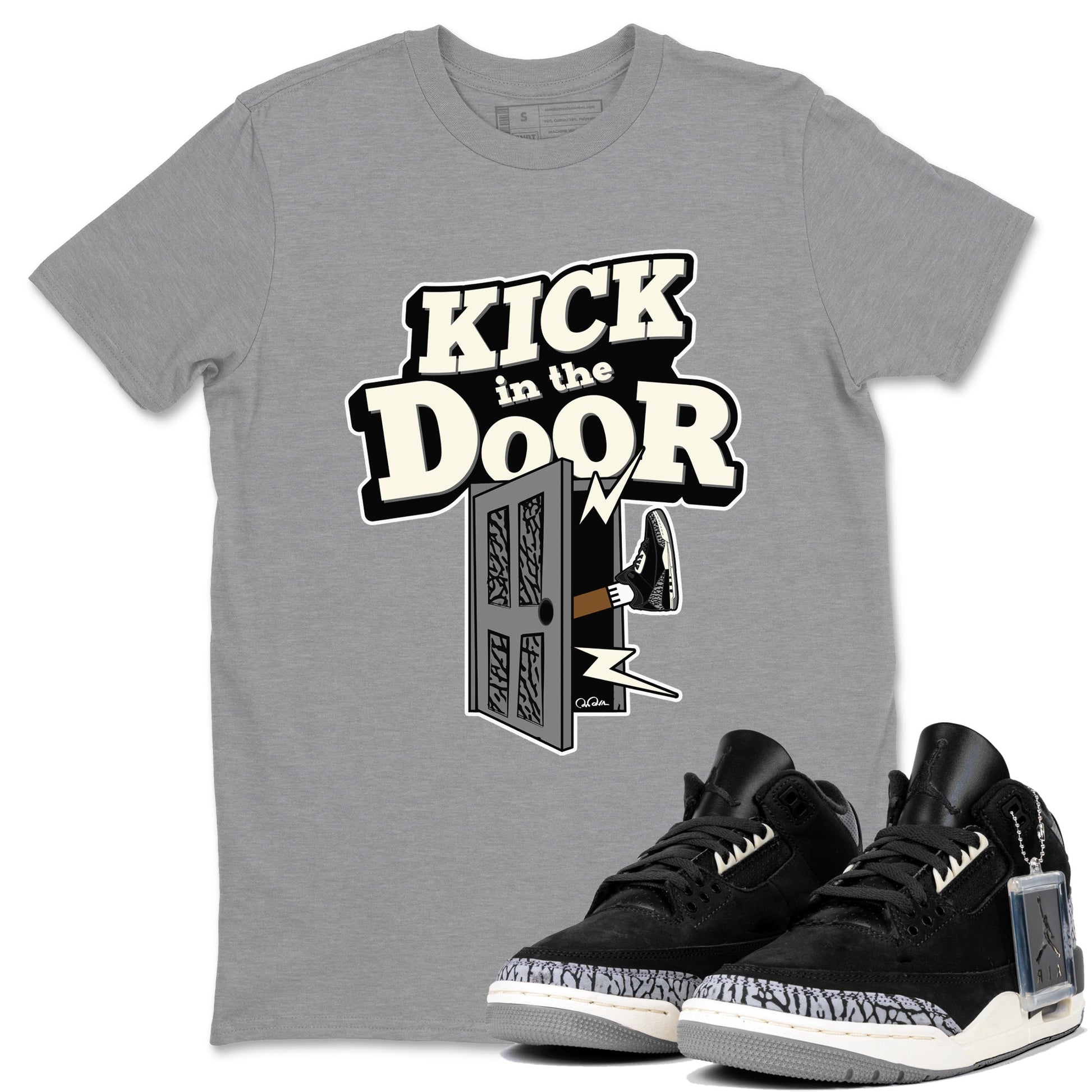 Air Jordan 3 Off Noir shirt to match jordans Kick In The Door sneaker tees AJ3 Off Noir SNRT Sneaker Release Tees Unisex Heather Grey 1 T-Shirt