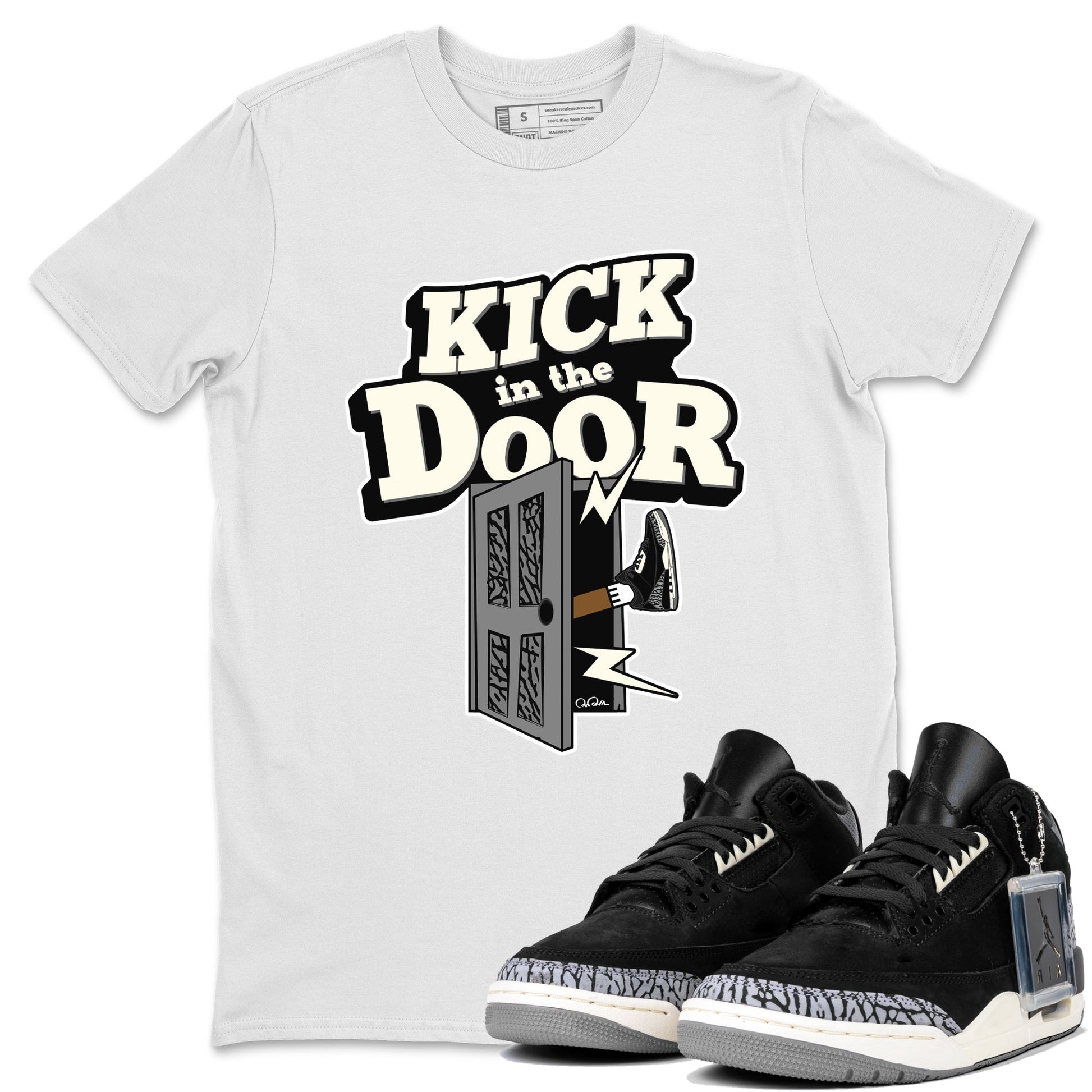 Air Jordan 3 Off Noir shirt to match jordans Kick In The Door sneaker tees AJ3 Off Noir SNRT Sneaker Release Tees Unisex White 1 T-Shirt