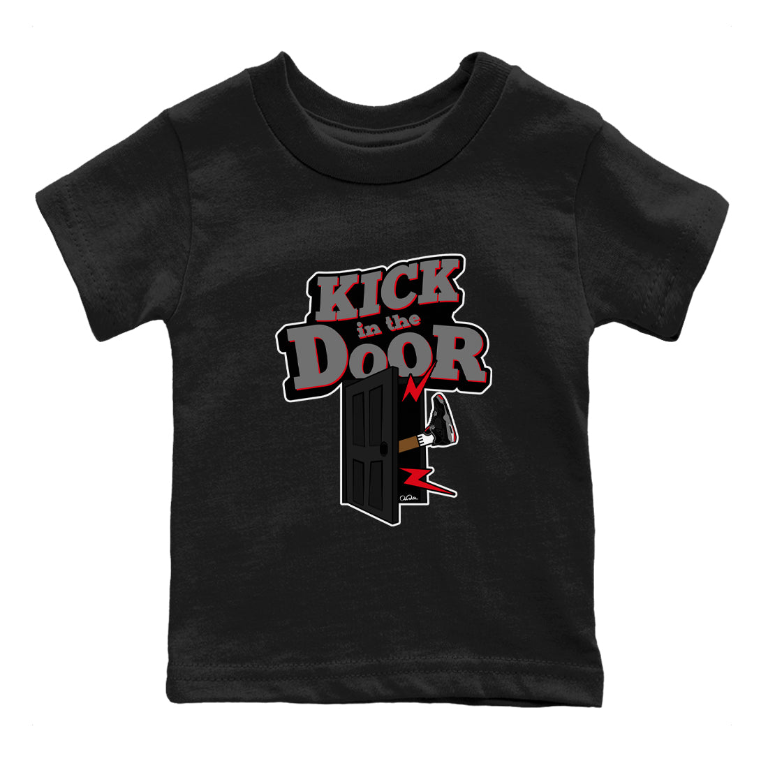 4s Bred Reimagined shirt to match jordans Kick In The Door sneaker tees Air Jordan 4 Bred Reimagined SNRT Sneaker Release Tees Baby Toddler Black 2 T-Shirt