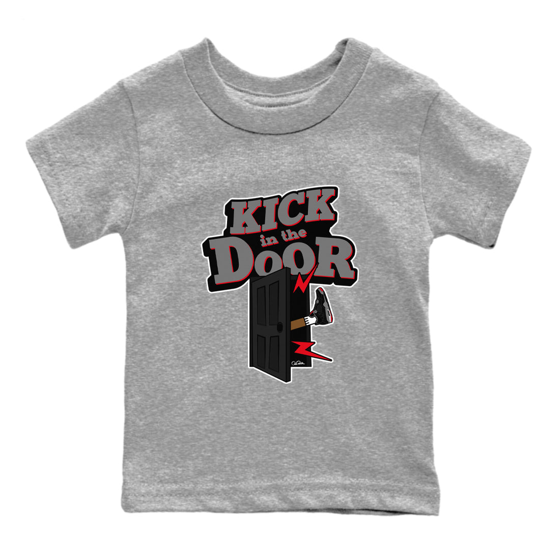 4s Bred Reimagined shirt to match jordans Kick In The Door sneaker tees Air Jordan 4 Bred Reimagined SNRT Sneaker Release Tees Baby Toddler Heather Grey 2 T-Shirt