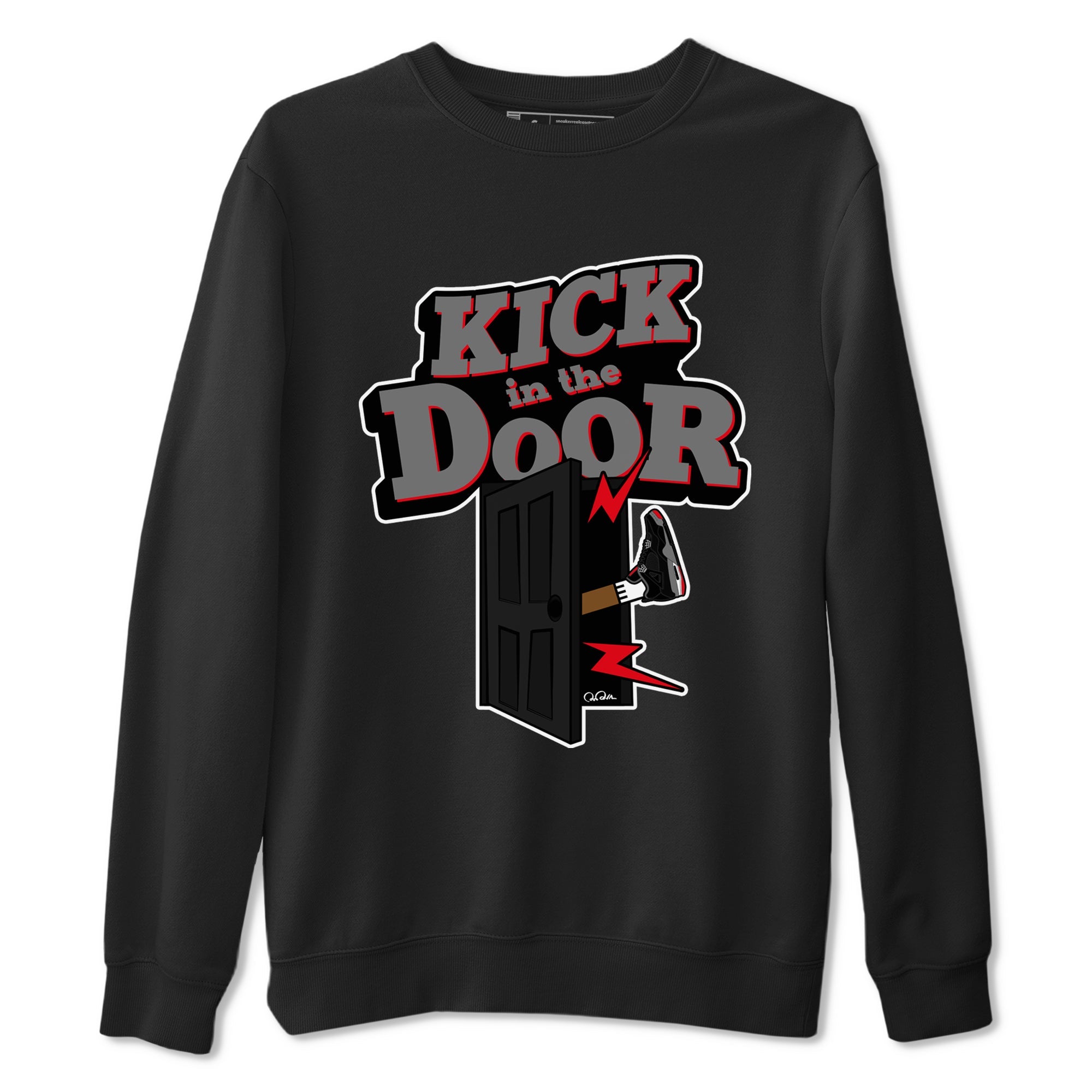 4s Bred Reimagined shirt to match jordans Kick In The Door sneaker tees Air Jordan 4 Bred Reimagined SNRT Sneaker Release Tees Unisex Black 2 T-Shirt