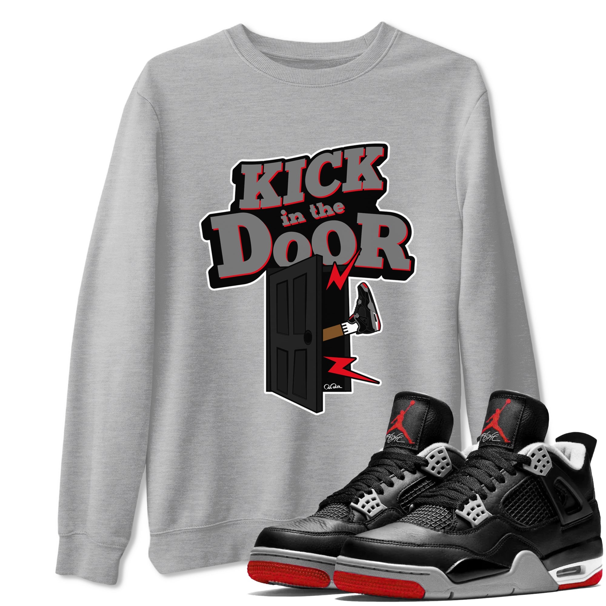 4s Bred Reimagined shirt to match jordans Kick In The Door sneaker tees Air Jordan 4 Bred Reimagined SNRT Sneaker Release Tees Unisex Heather Grey 1 T-Shirt