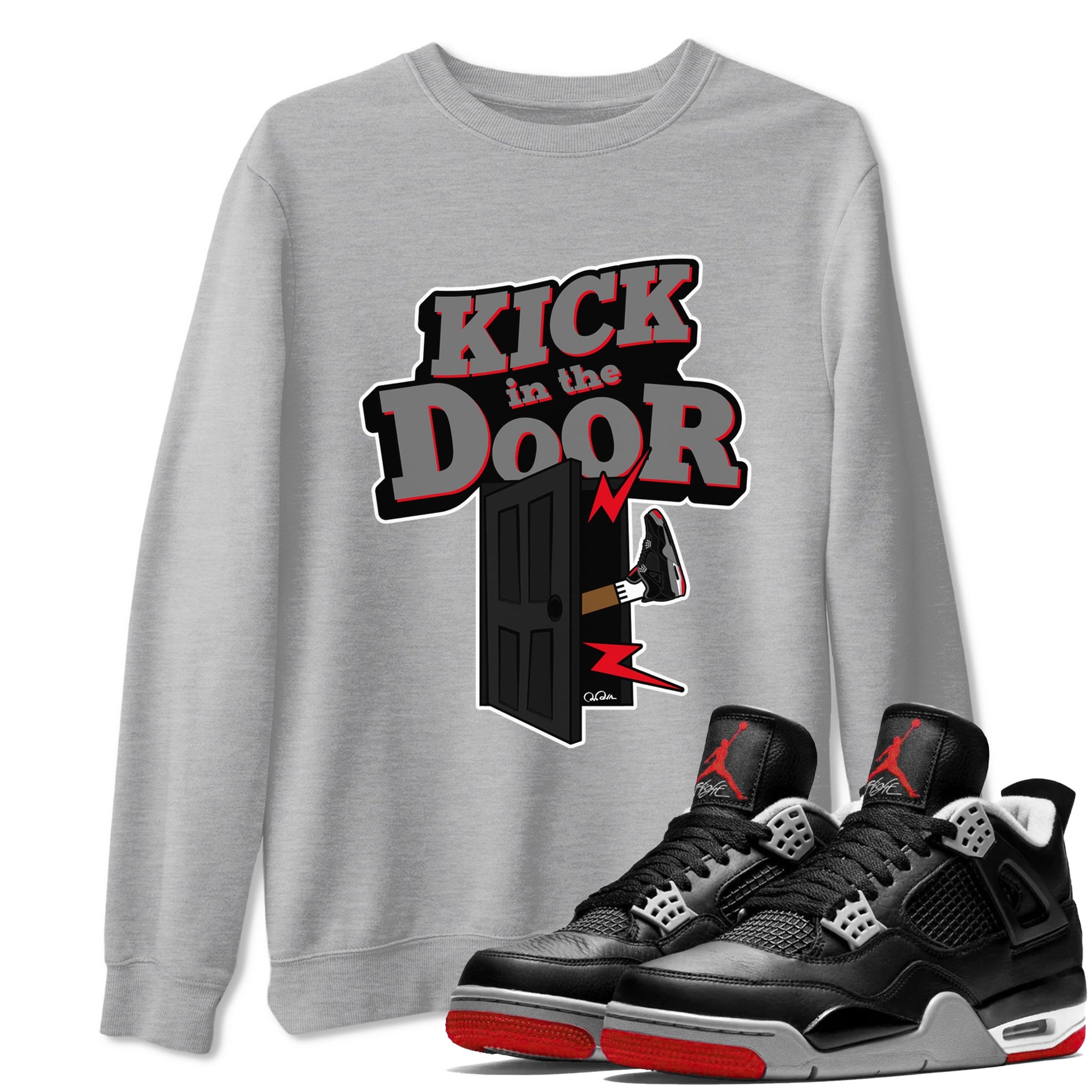 4s Bred Reimagined shirt to match jordans Kick In The Door sneaker tees Air Jordan 4 Bred Reimagined SNRT Sneaker Release Tees Unisex Heather Grey 1 T-Shirt