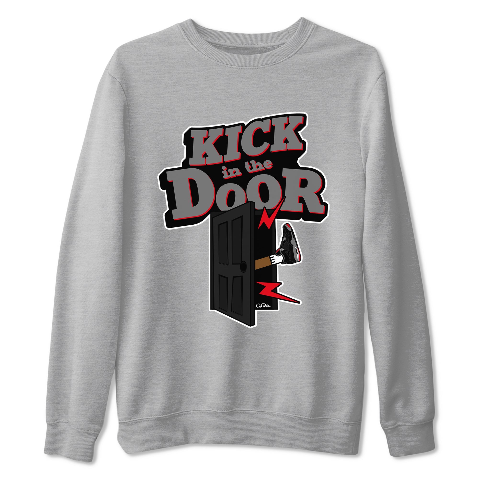 4s Bred Reimagined shirt to match jordans Kick In The Door sneaker tees Air Jordan 4 Bred Reimagined SNRT Sneaker Release Tees Unisex Heather Grey 2 T-Shirt