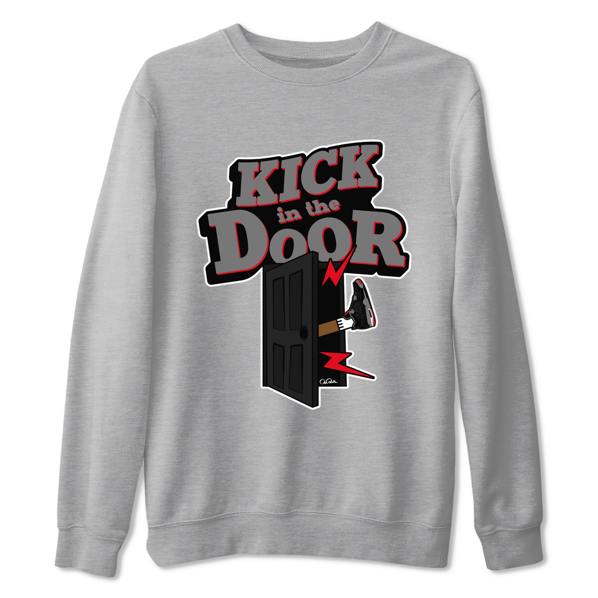 4s Bred Reimagined shirt to match jordans Kick In The Door sneaker tees Air Jordan 4 Bred Reimagined SNRT Sneaker Release Tees Unisex Heather Grey 2 T-Shirt