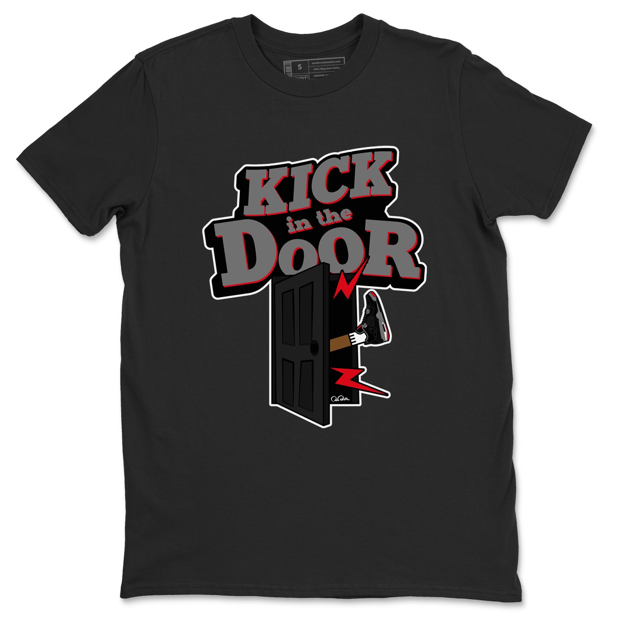 4s Bred Reimagined shirt to match jordans Kick In The Door sneaker tees Air Jordan 4 Bred Reimagined SNRT Sneaker Release Tees Unisex Black 2 T-Shirt