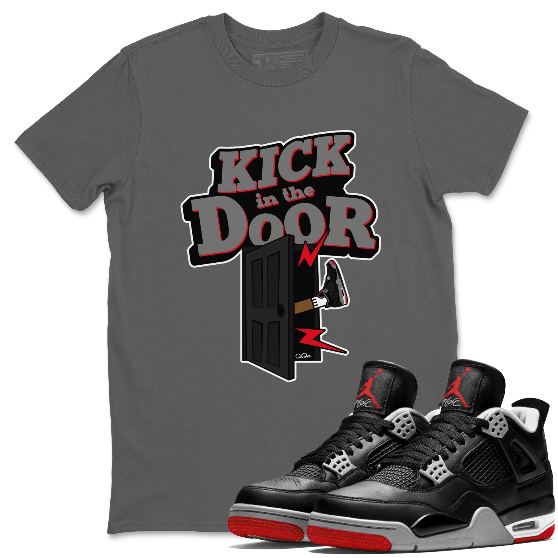 4s Bred Reimagined shirt to match jordans Kick In The Door sneaker tees Air Jordan 4 Bred Reimagined SNRT Sneaker Release Tees Unisex Cool Grey 1 T-Shirt