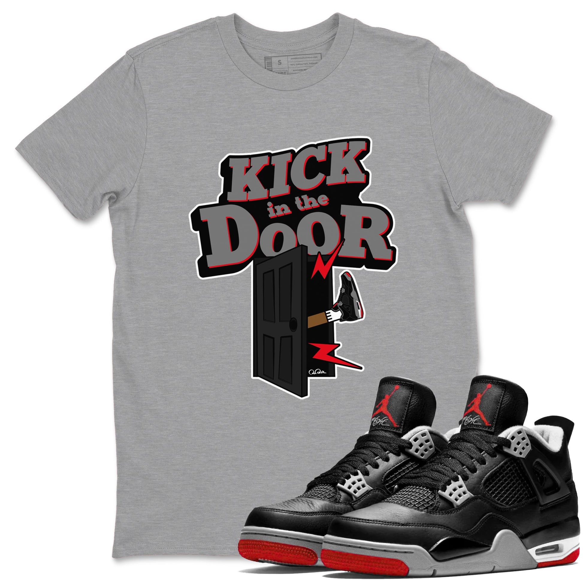 4s Bred Reimagined shirt to match jordans Kick In The Door sneaker tees Air Jordan 4 Bred Reimagined SNRT Sneaker Release Tees Unisex Heather Grey 1 T-Shirt