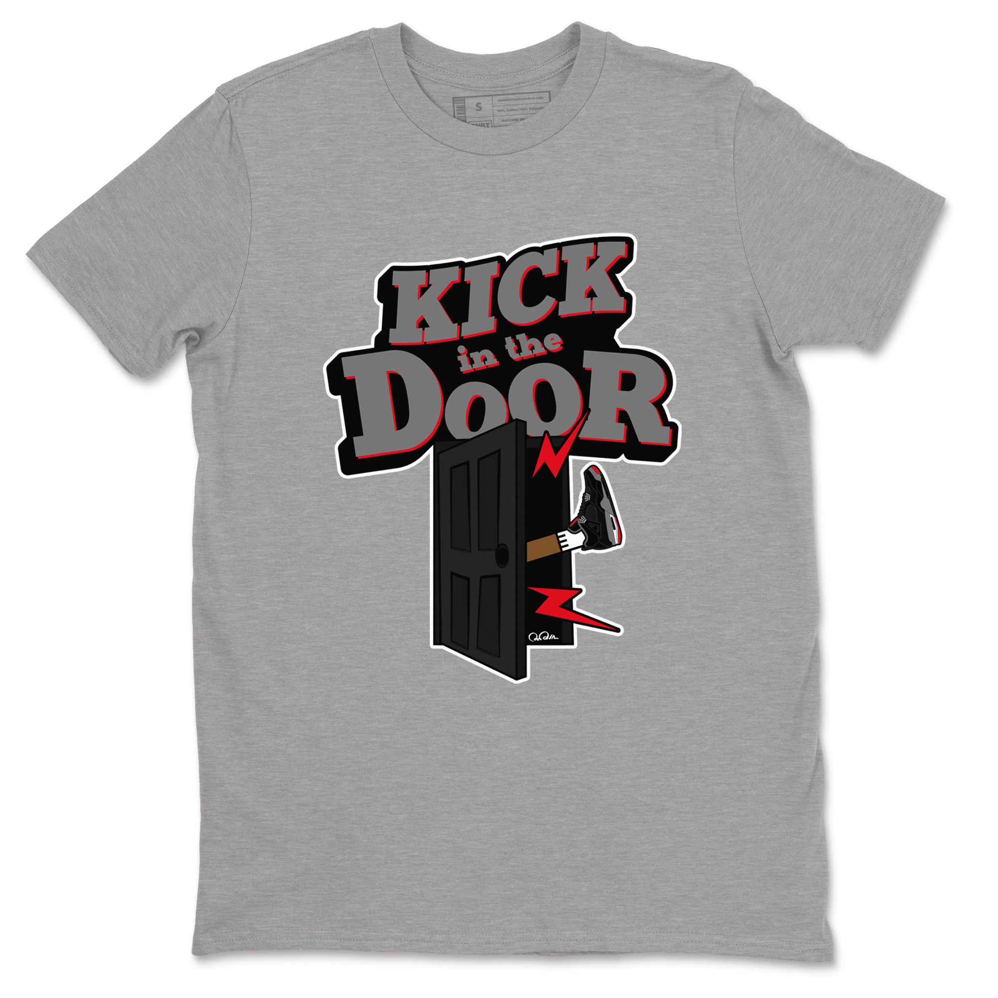 4s Bred Reimagined shirt to match jordans Kick In The Door sneaker tees Air Jordan 4 Bred Reimagined SNRT Sneaker Release Tees Unisex Heather Grey 2 T-Shirt