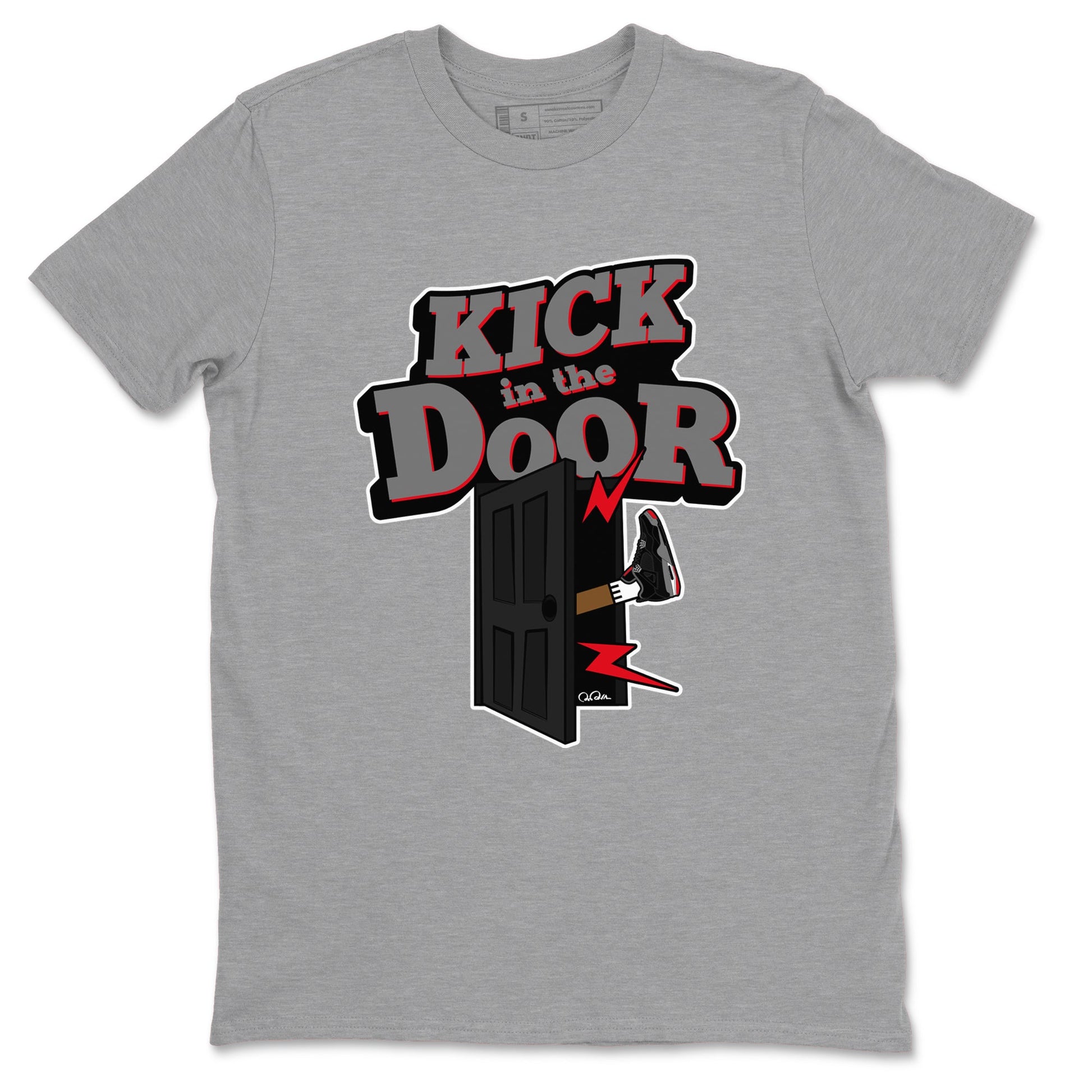 4s Bred Reimagined shirt to match jordans Kick In The Door sneaker tees Air Jordan 4 Bred Reimagined SNRT Sneaker Release Tees Unisex Heather Grey 2 T-Shirt