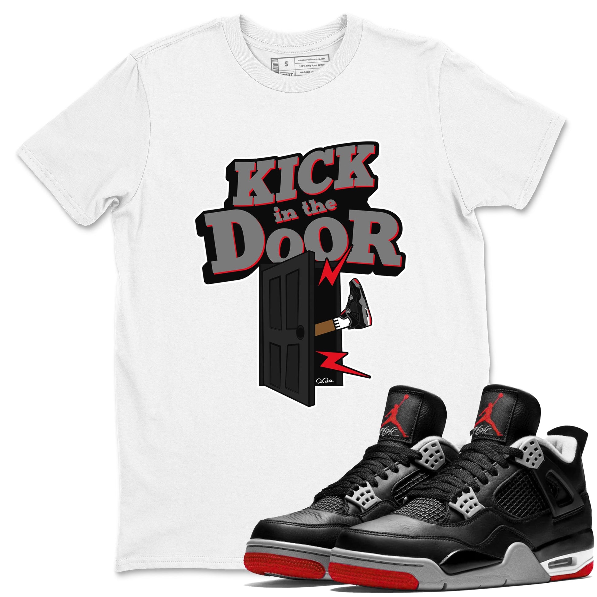 4s Bred Reimagined shirt to match jordans Kick In The Door sneaker tees Air Jordan 4 Bred Reimagined SNRT Sneaker Release Tees Unisex White 1 T-Shirt