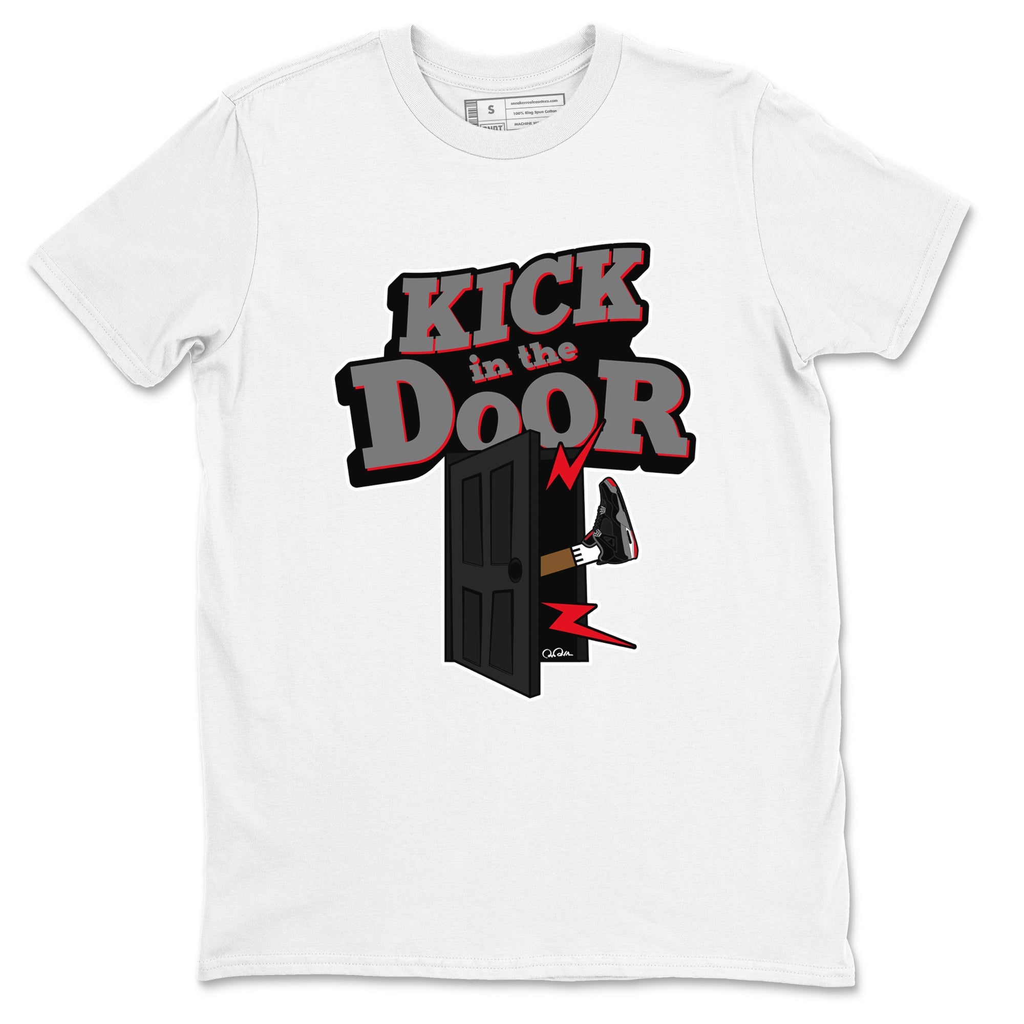 4s Bred Reimagined shirt to match jordans Kick In The Door sneaker tees Air Jordan 4 Bred Reimagined SNRT Sneaker Release Tees Unisex White 2 T-Shirt