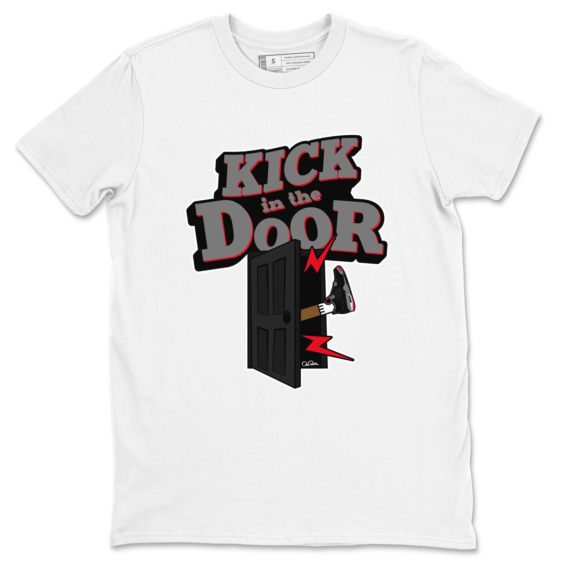 4s Bred Reimagined shirt to match jordans Kick In The Door sneaker tees Air Jordan 4 Bred Reimagined SNRT Sneaker Release Tees Unisex White 2 T-Shirt