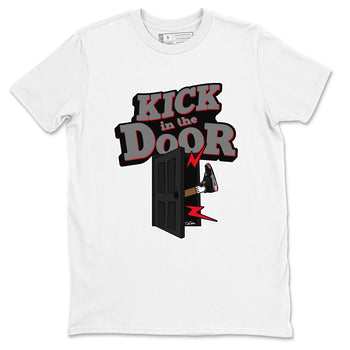 4s Bred Reimagined shirt to match jordans Kick In The Door sneaker tees Air Jordan 4 Bred Reimagined SNRT Sneaker Release Tees Unisex White 2 T-Shirt