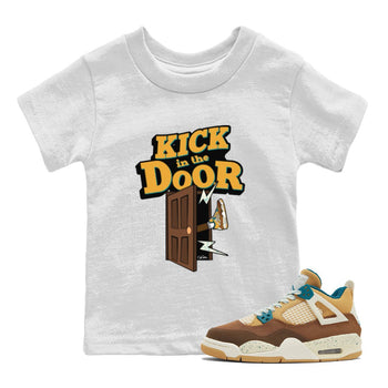 Air Jordan 4 Cacao Wow shirt to match jordans Kick In The Door sneaker tees AJ4 Cacao Wow SNRT Sneaker Release Tees Baby Toddler White 1 T-Shirt