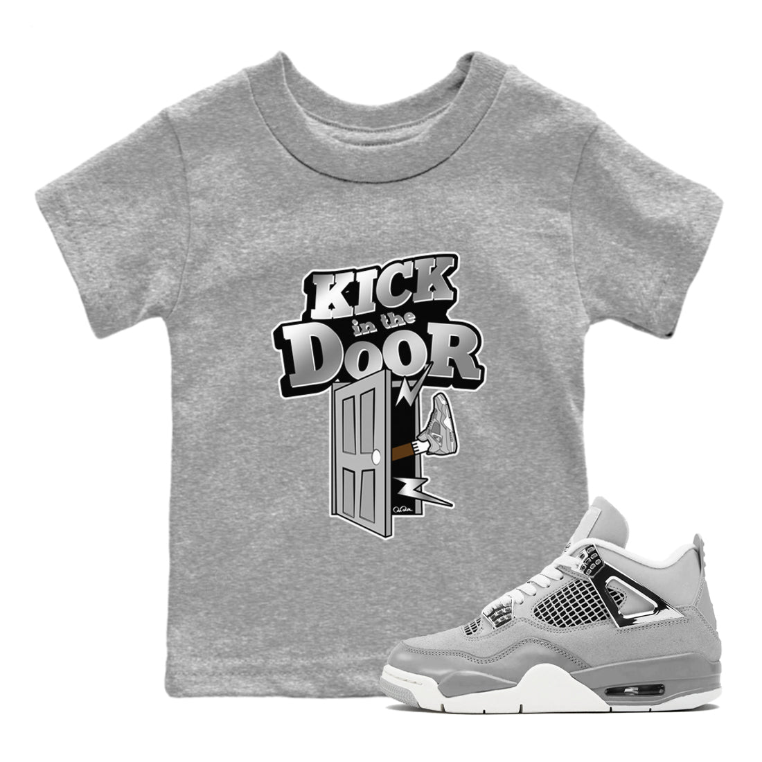 Air Jordan 4 Light Iron Ore shirt to match jordans Kick In The Door sneaker tees AJ4 Frozen Moments SNRT Sneaker Release Tees Baby Toddler Heather Grey 1 T-Shirt