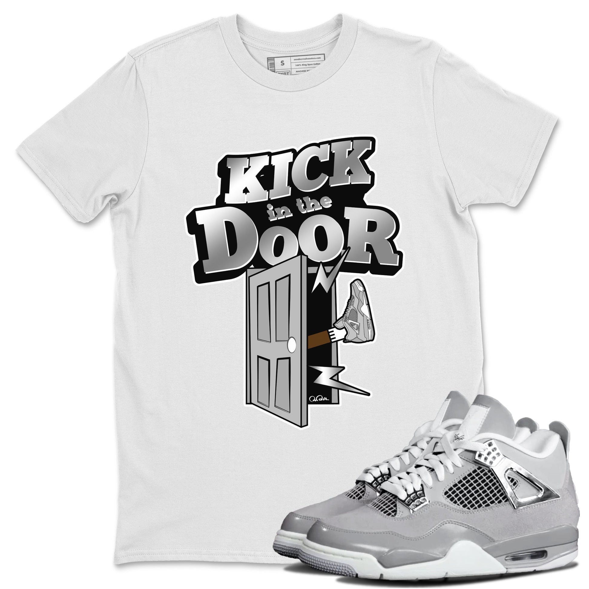 Air Jordan 4 Light Iron Ore shirt to match jordans Kick In The Door sneaker tees AJ4 Frozen Moments SNRT Sneaker Release Tees Unisex White 1 T-Shirt