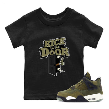 Air Jordan 4 Medium Olive shirt to match jordans Kick In The Door sneaker tees AJ4Medium Olive SNRT Sneaker Release Tees Baby Toddler Black 1 T-Shirt