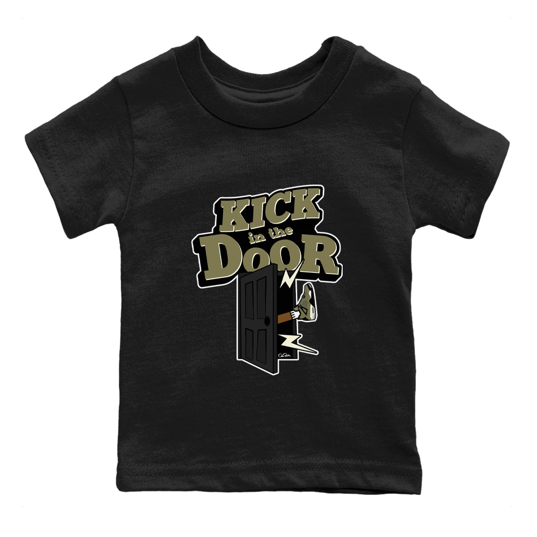 Air Jordan 4 Medium Olive shirt to match jordans Kick In The Door sneaker tees AJ4Medium Olive SNRT Sneaker Release Tees Baby Toddler Black 2 T-Shirt