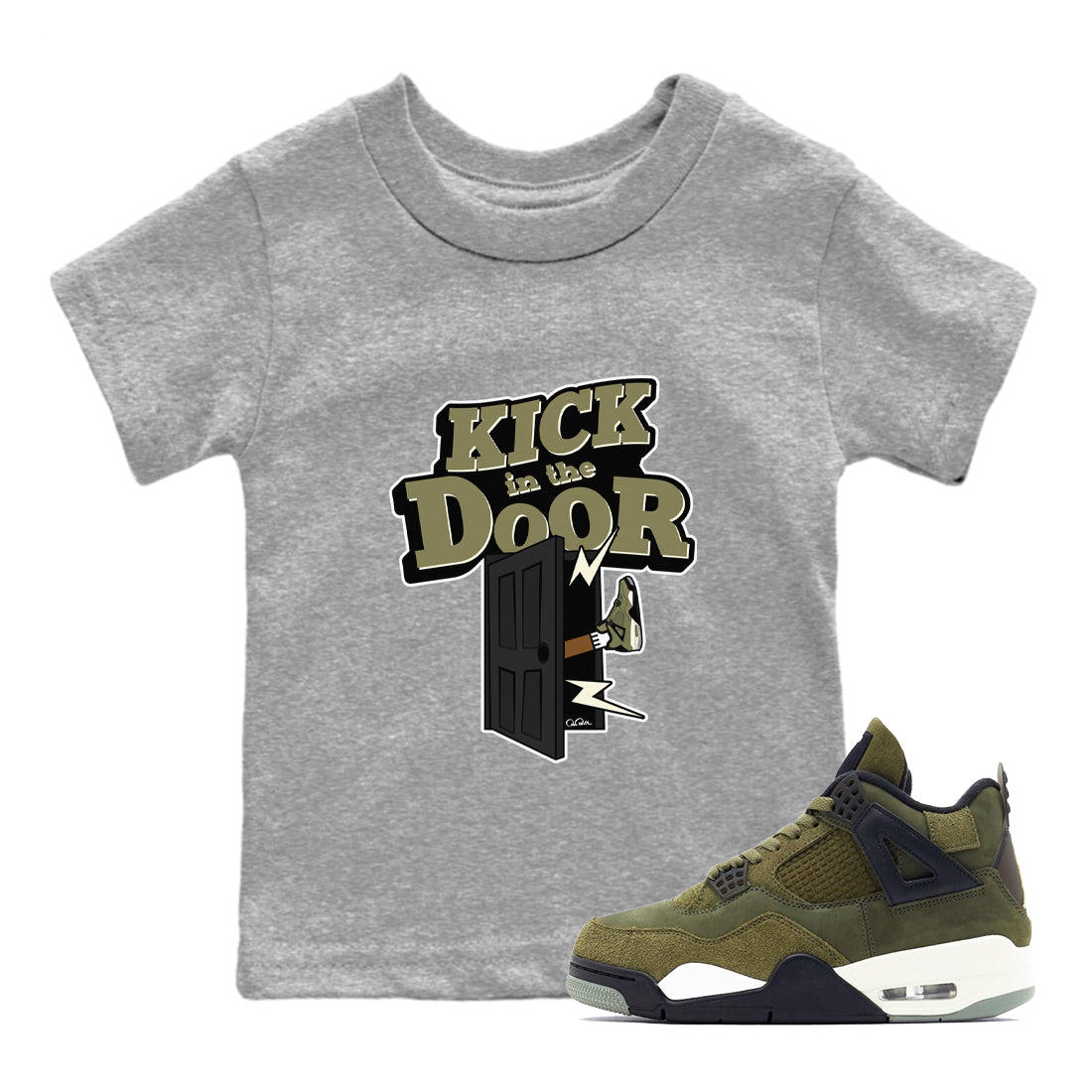 Air Jordan 4 Medium Olive shirt to match jordans Kick In The Door sneaker tees AJ4Medium Olive SNRT Sneaker Release Tees Baby Toddler Heather Grey 1 T-Shirt